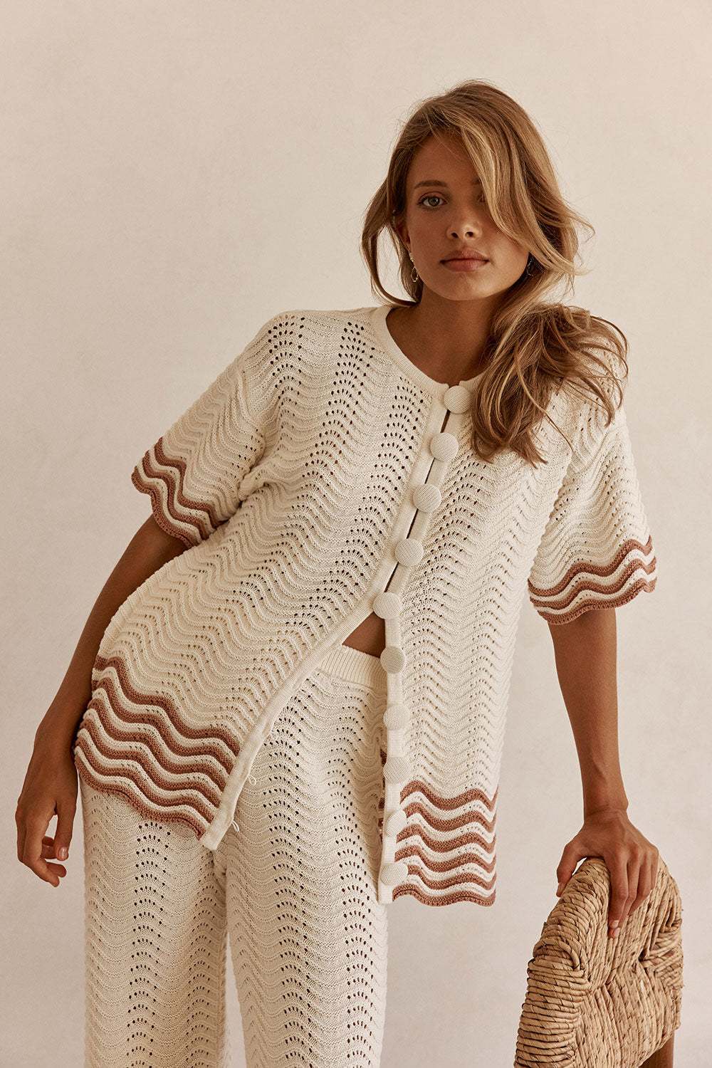 Cream Wavy Cotton Knit Button Up Janaya Top – SABO