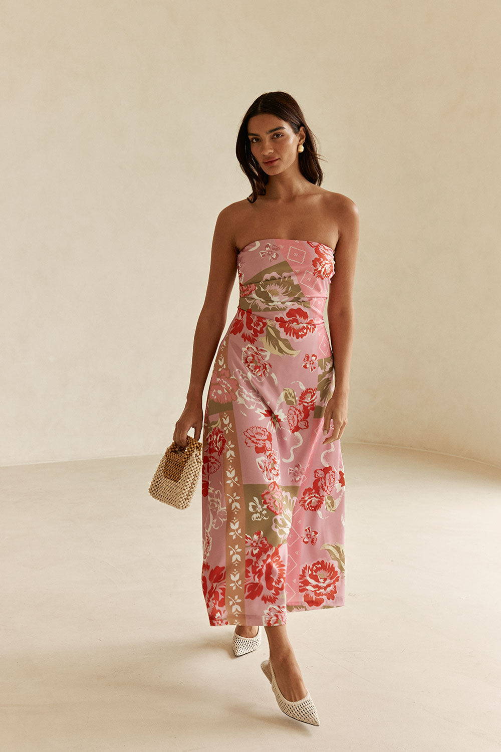 Pink Botanic Patch Floral Strapless Maxi Liberty Dress XS