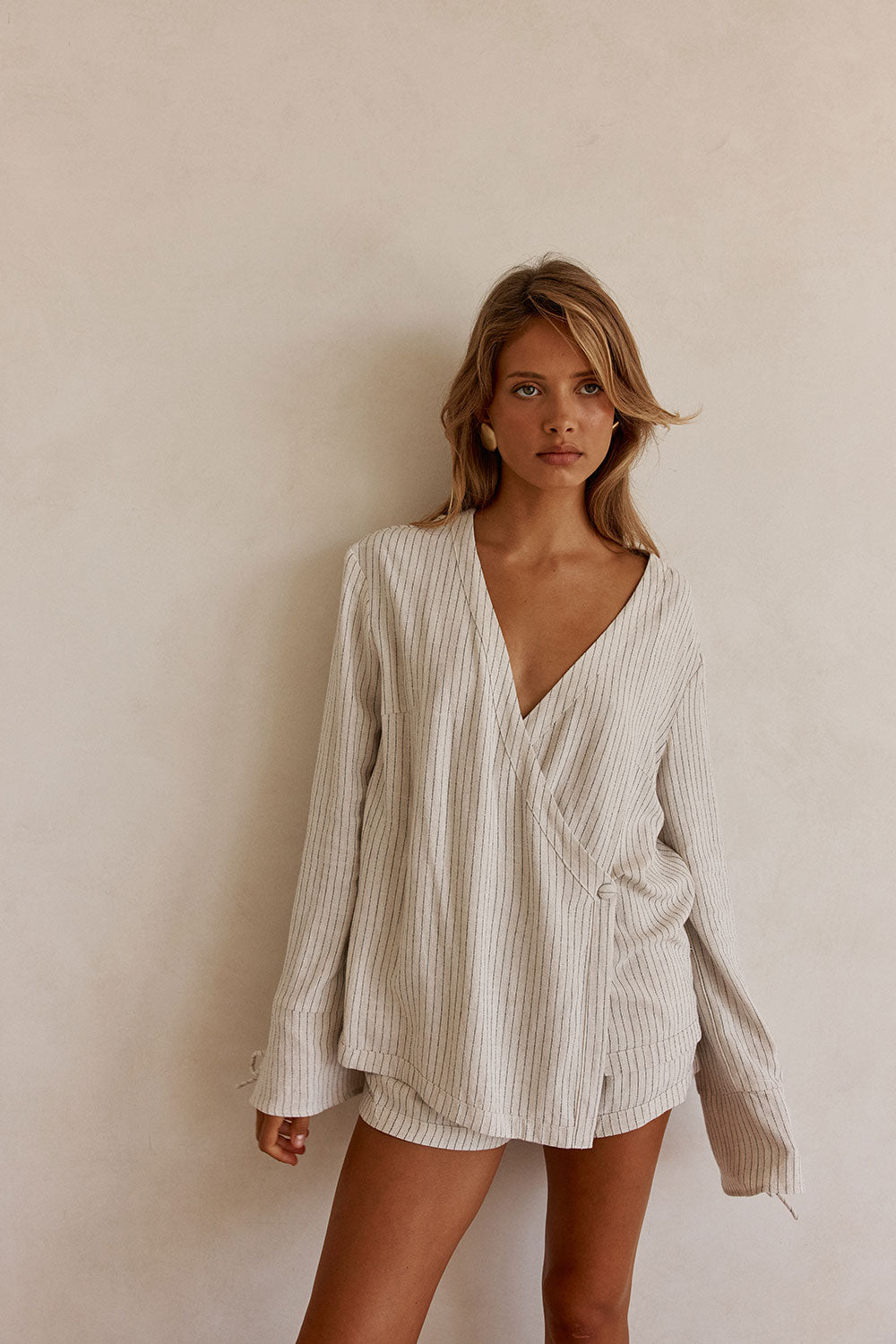 Beige and Black Pinstripe Lyla Wrap Top – SABO
