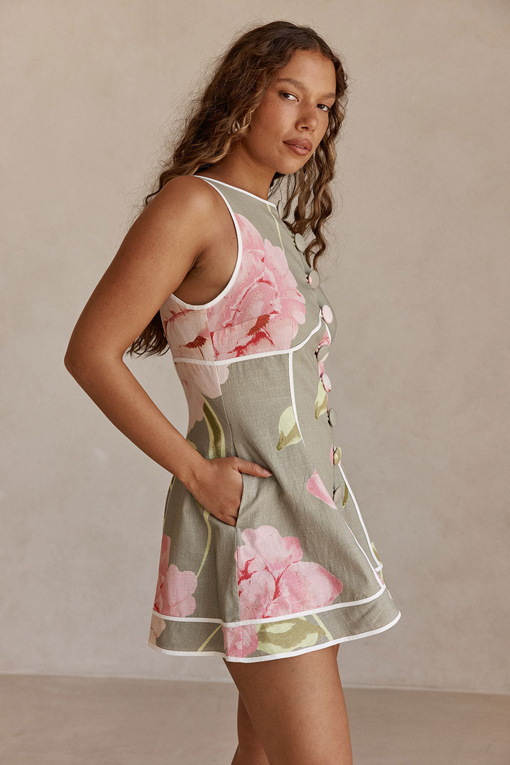 Fiori Green Floral Print Button Mini Amora Dress – SABO