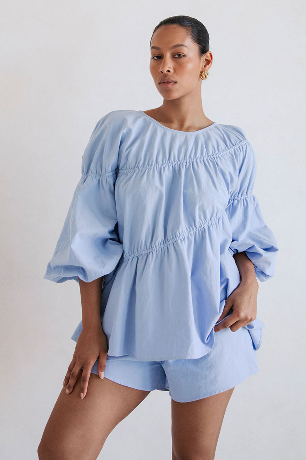 Blue Long Sleeve Panelled Flounce Akel Top – SABO
