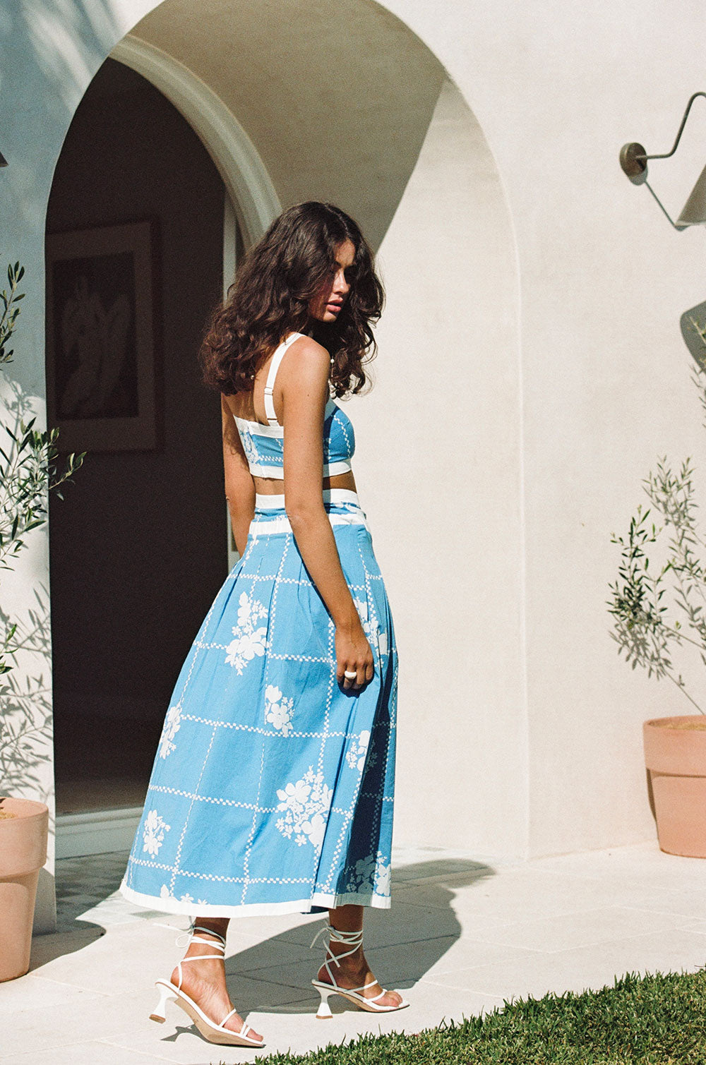 Estelle Split Wrap Midi Skirt - Postcard, Blue & White Check