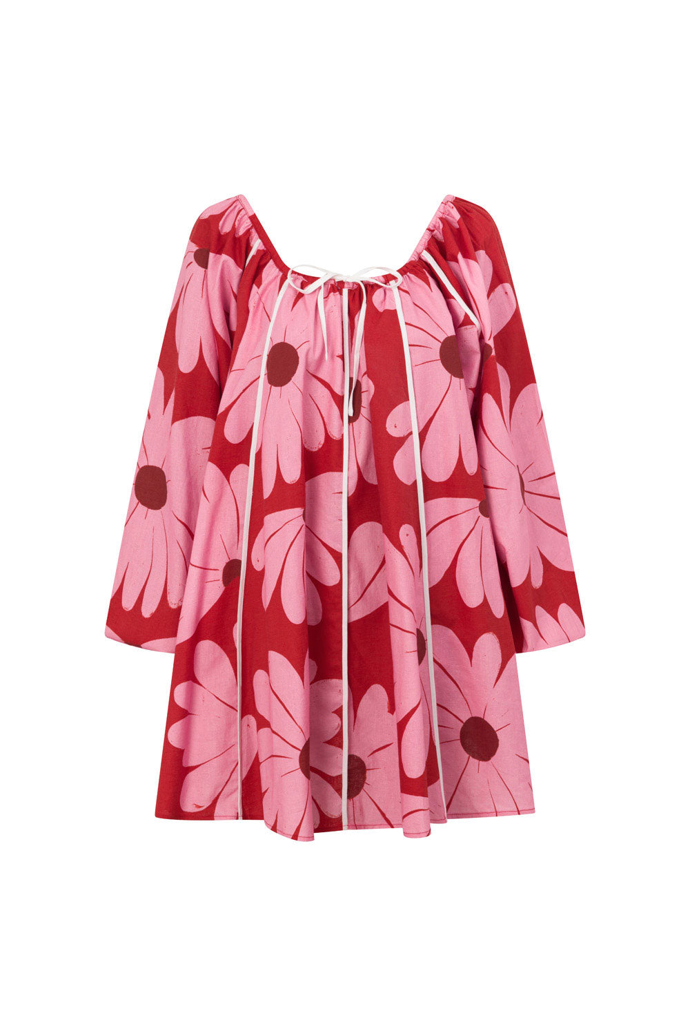 Veronica Flounce Long Sleeve Mini Dress - Pink White Daisy Red