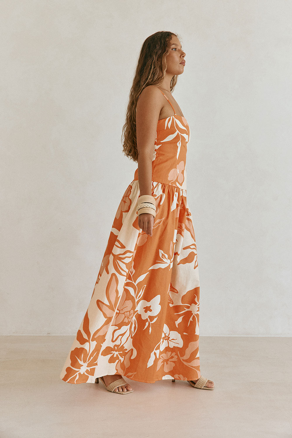 Orange Sunset Botanica Floral Print Linen Maxi Samia Dress – SABO