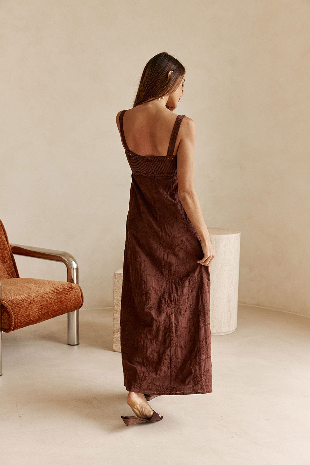 Chocolate Motif Ribbed Broderie Maxi Gia Dress – SABO