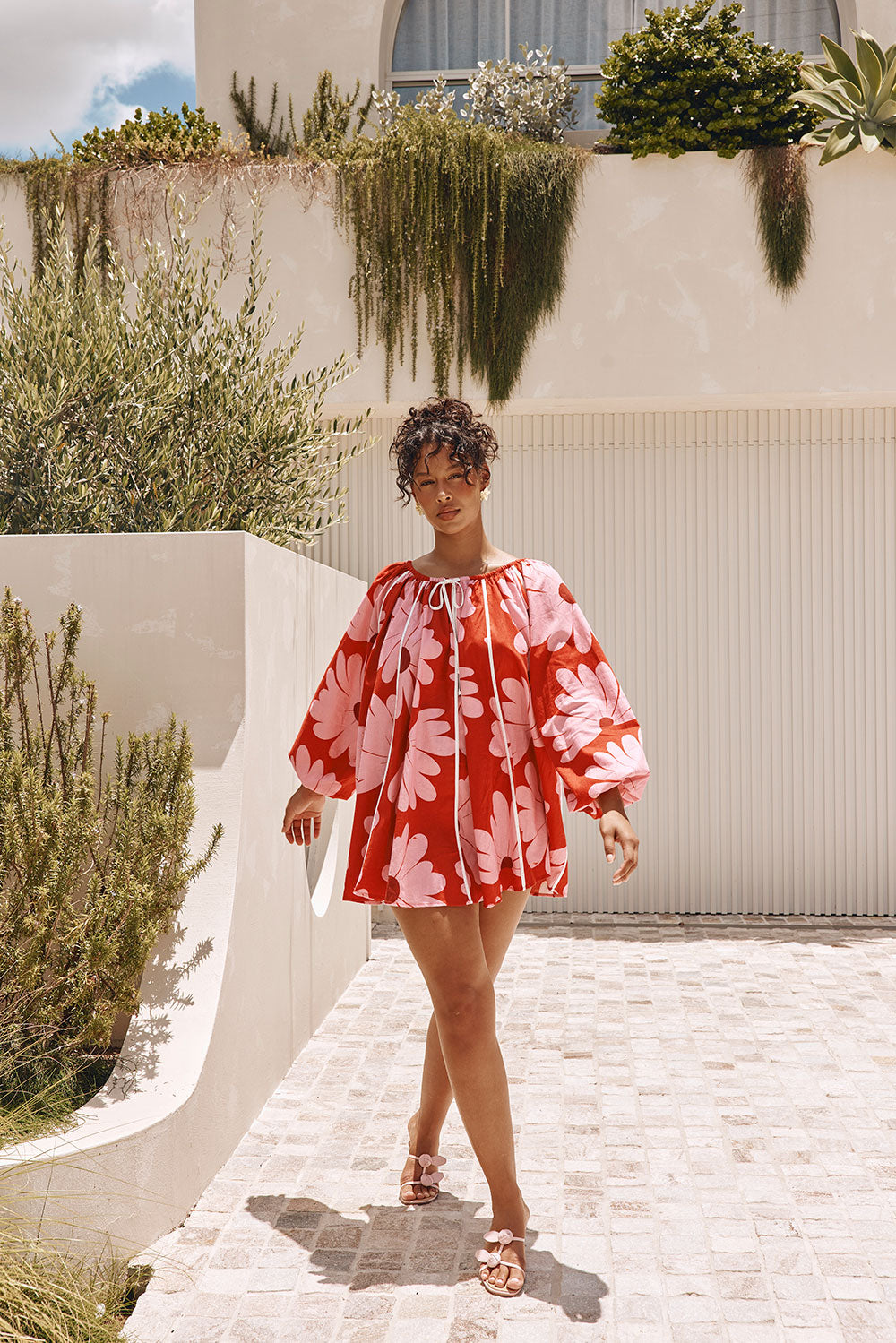 Veronica Flounce Long Sleeve Mini Dress - Pink White Daisy Red Print Veronica Flounce Long Sleeve Mini Dress - Pink White Daisy Red Print