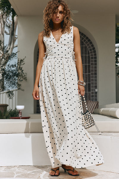 sophie maxi dresses line and dot Cream Speck Polka Cotton V Neck Franci Dress XL trim accents add delicate Size:7 US Women (4 UK/AU) mini floral dress Fortunate One | Picnic