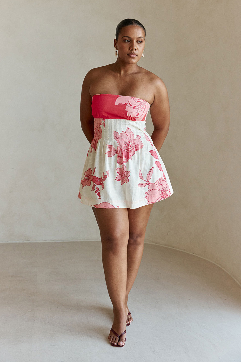 Pink Flora Sunset Print Strapless Pleat Mini Tabi Dress – SABO