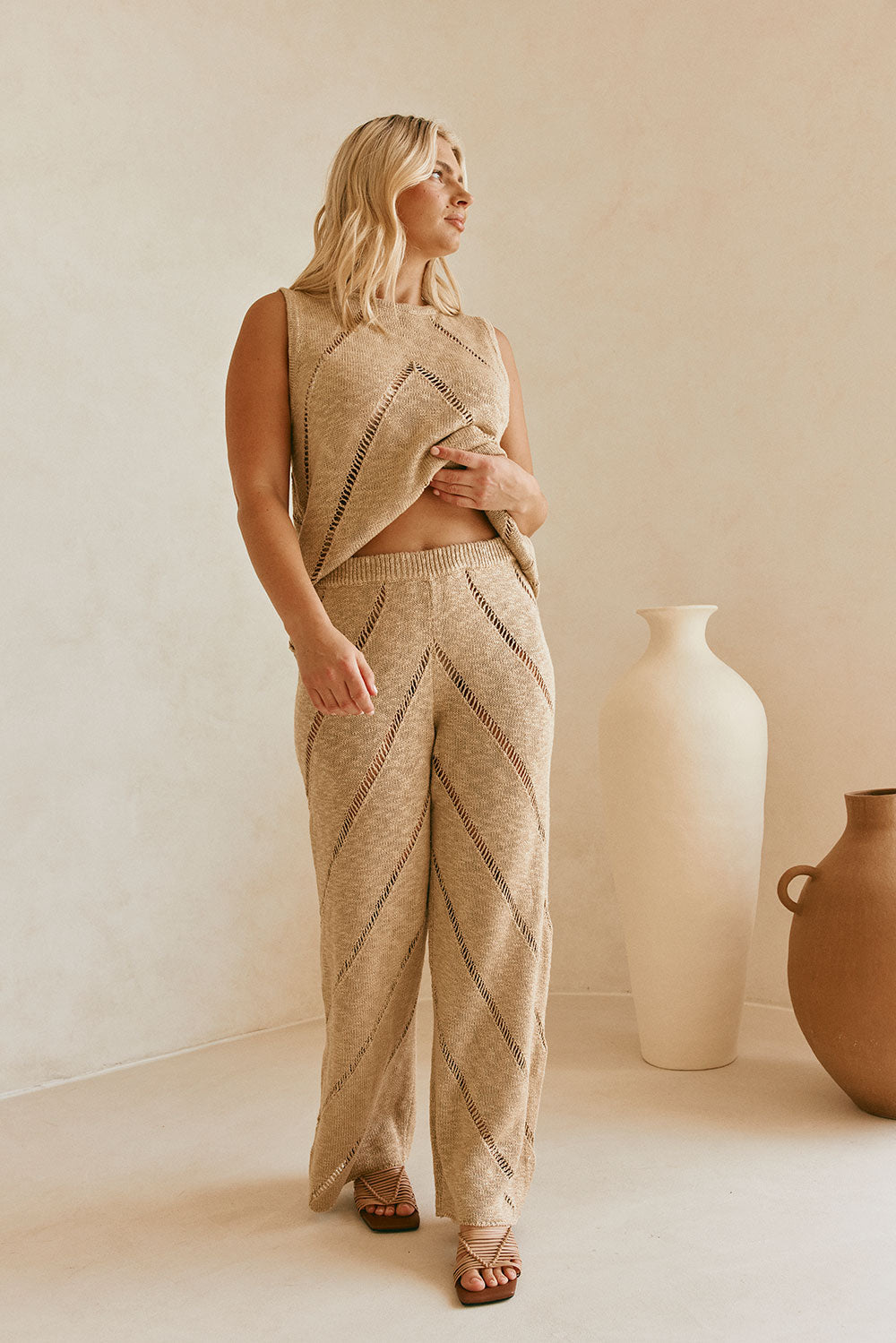 Tan Knit High Waist Ladder Pannel Josiah Pants – SABO
