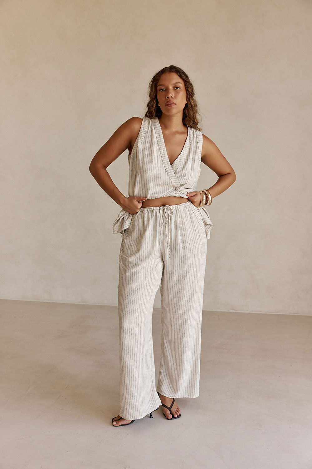 Cream and Black Pinstripe Drawstring Capri Pants – SABO