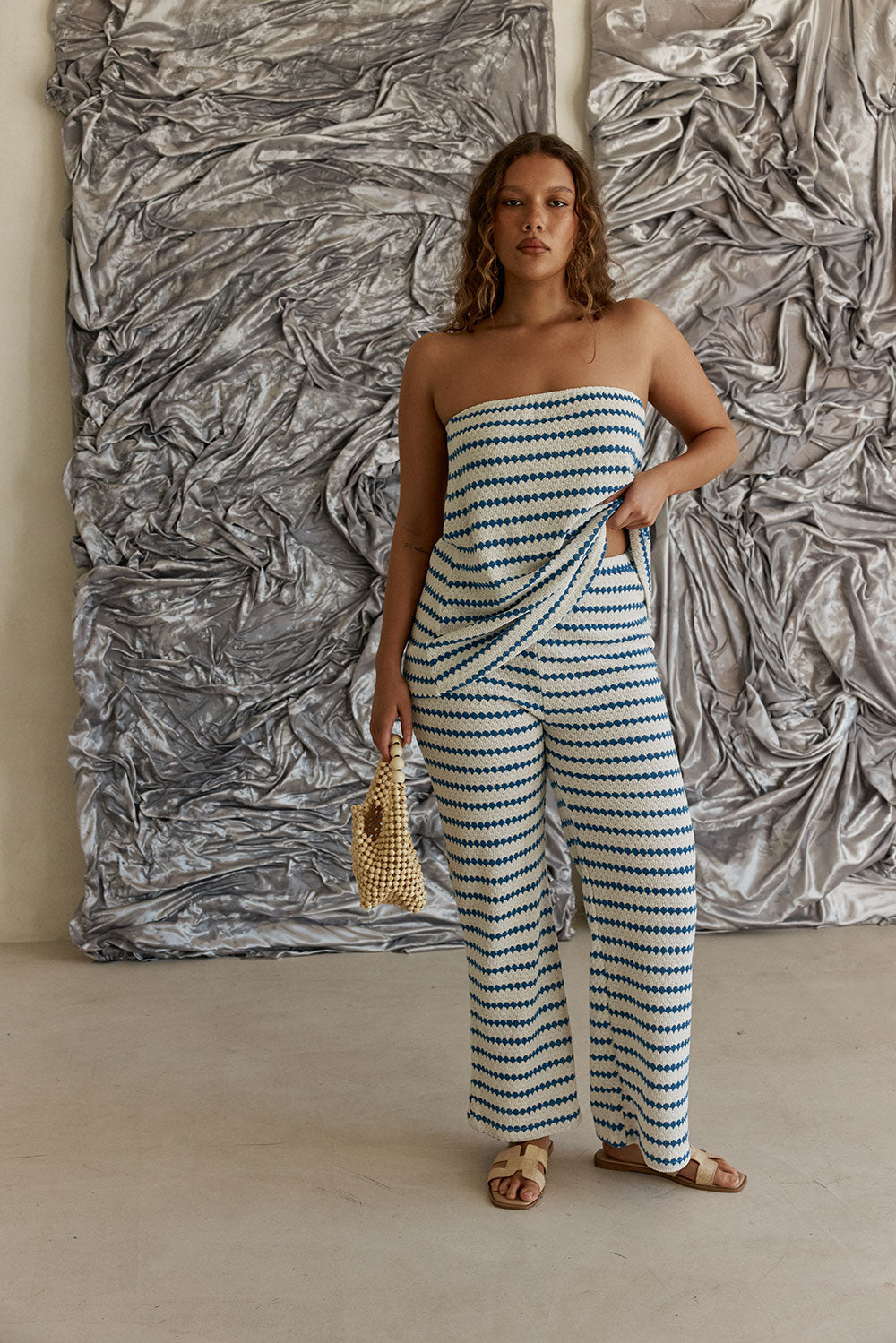 Blue Jacquard Stripe High Waist Cosmo Pants – SABO