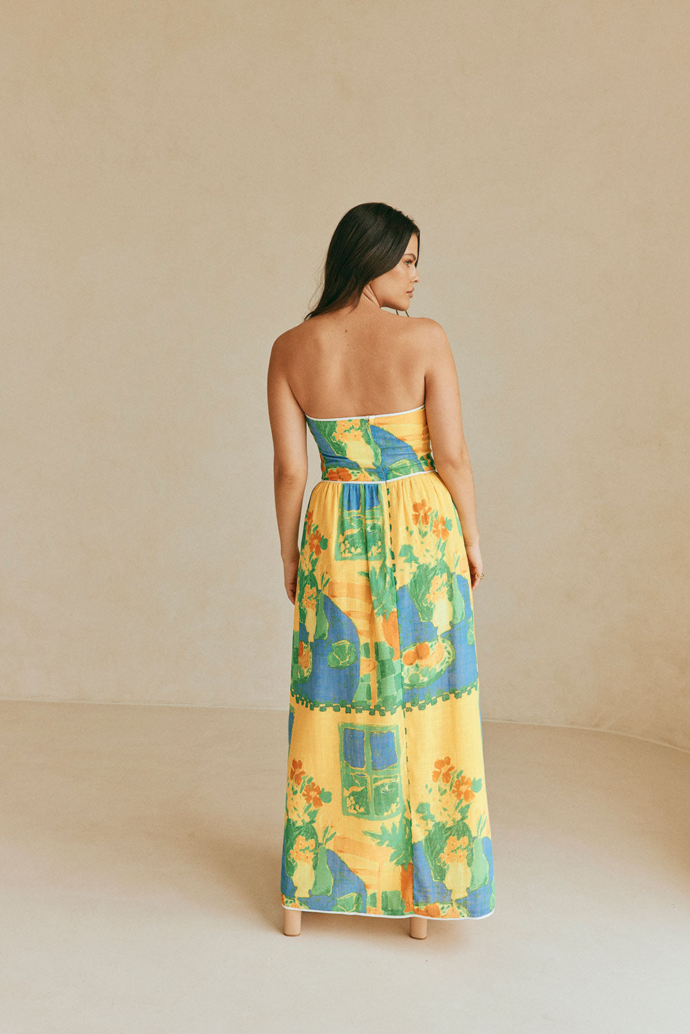 Dulce Strapless Split Maxi Dress - Green, Blue & Orange Morning Yellow Print SABO Dulce Strapless Split Maxi Dress - Green, Blue & Orange Morning Yellow Print SABO