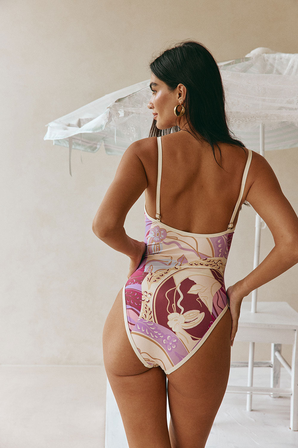 Purple Mosaic Veil Print Bow Diem One Piece Swimwear – SABO