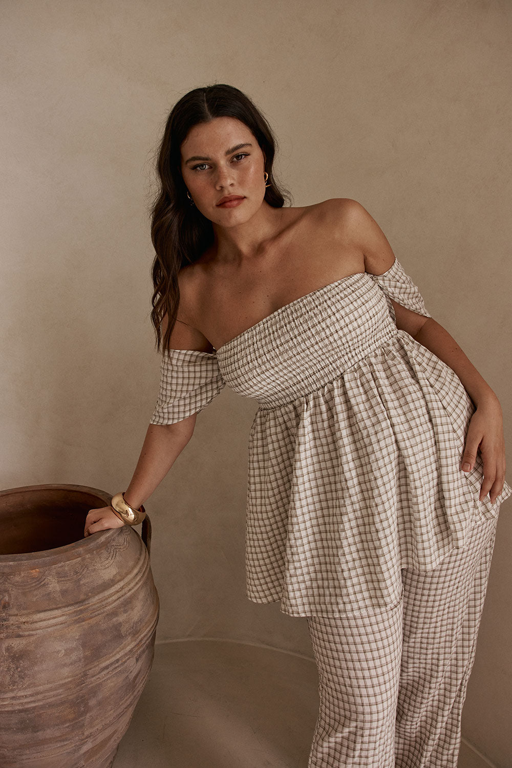 Beige Plaid Off Shoulder Babydoll Sloane Top – SABO