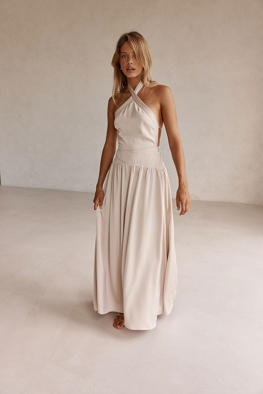 Beige Silky Halter Maxi Rani Dress XL