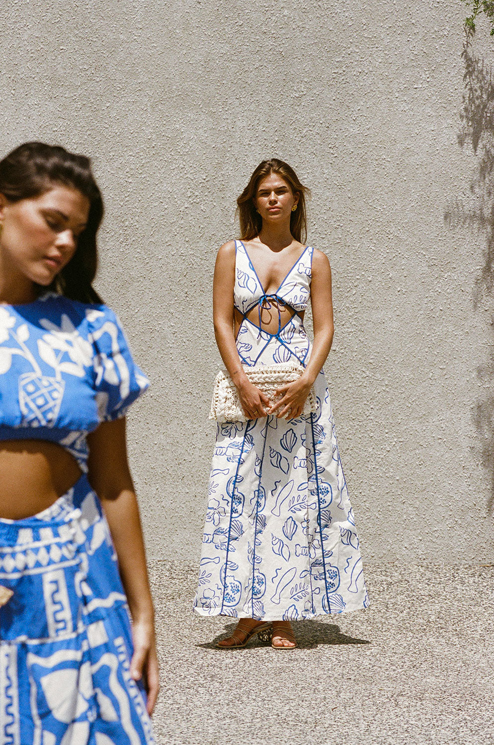 Eliska Backless Maxi Dress - White Blue Shell – SABO Eliska Backless Maxi Dress - White Blue Shell – SABO