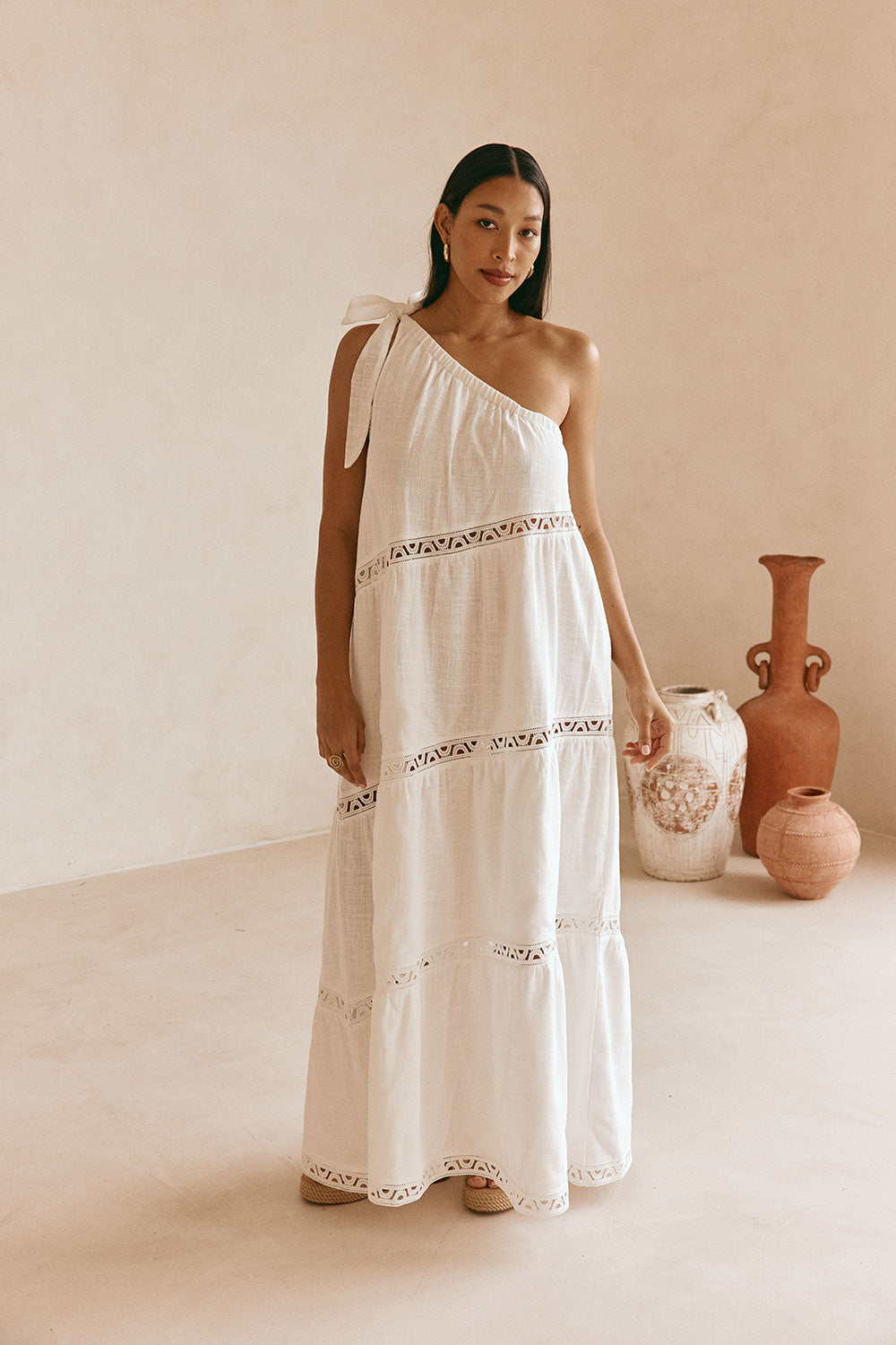 White Cotton One Shoulder Flouncy Maxi Juliette Dress – SABO