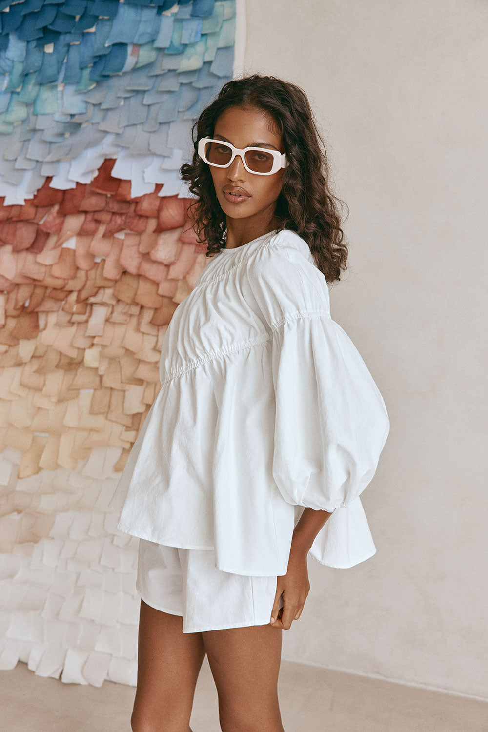 White Structured Ruched Puff Sleeve Akel Top – SABO