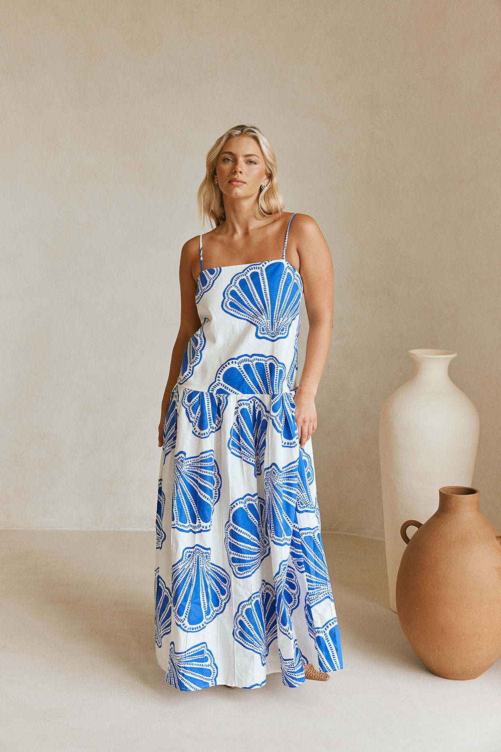 Bette Thin Strap Maxi Dress - Seashell Print, Blue, White Bette Thin Strap Maxi Dress - Seashell Print, Blue, White