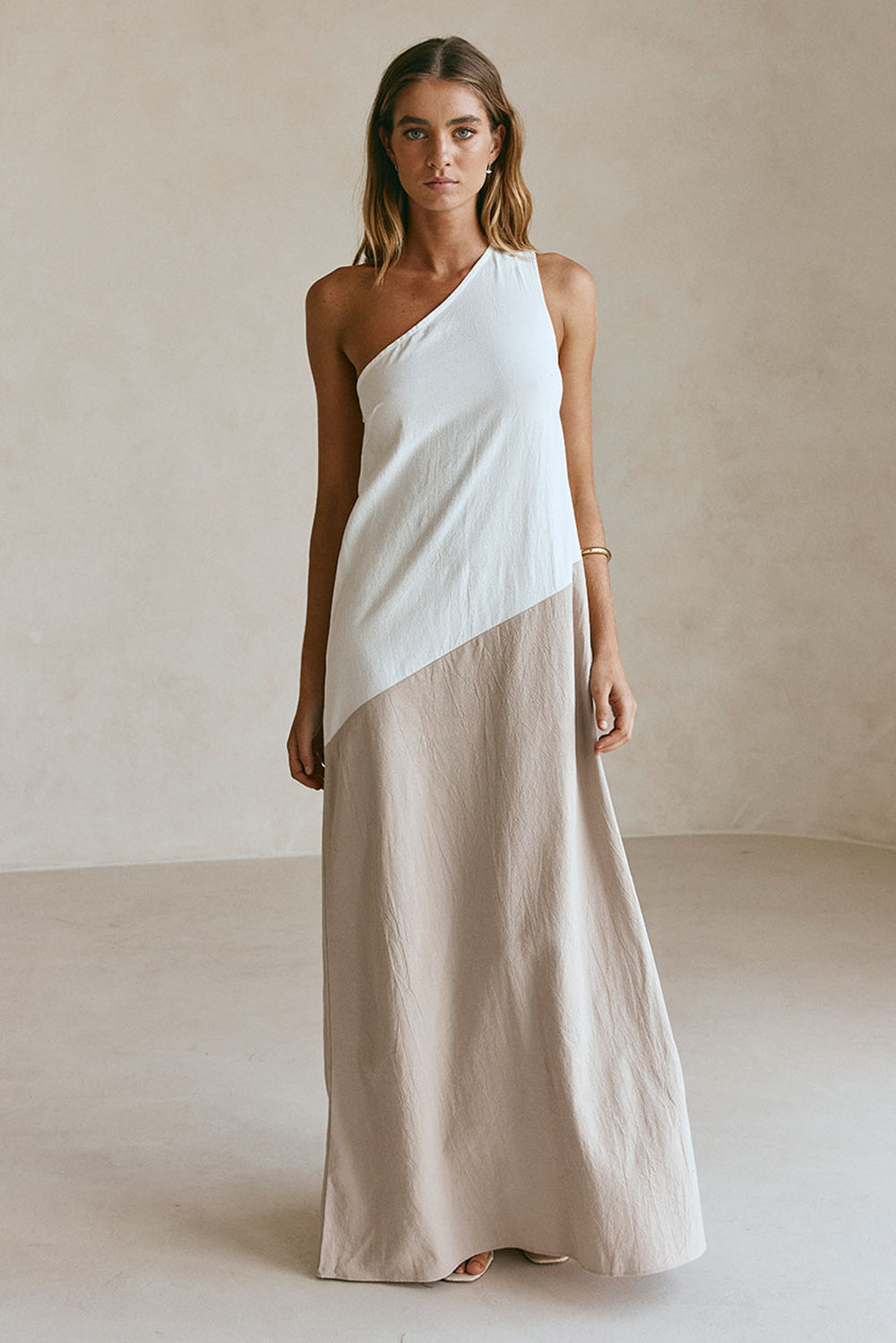 Beige White Two Tone One Shoulder Maxi Ellita Dress XS
