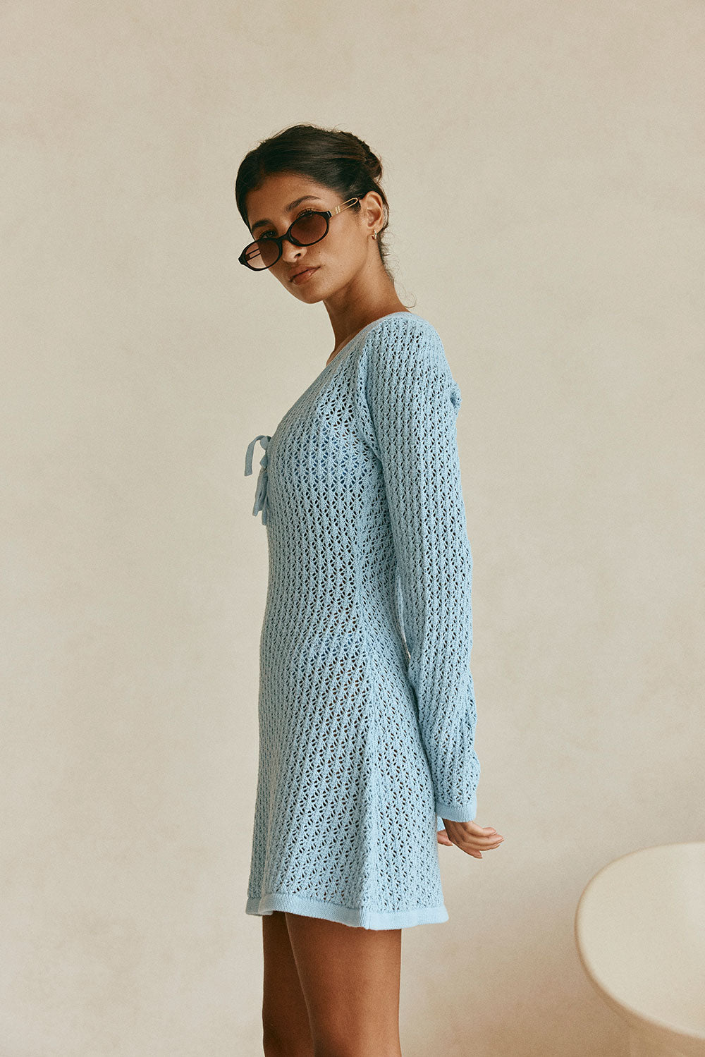 Nara Long Sleeve Mini Tie Knit Dress - Blue M