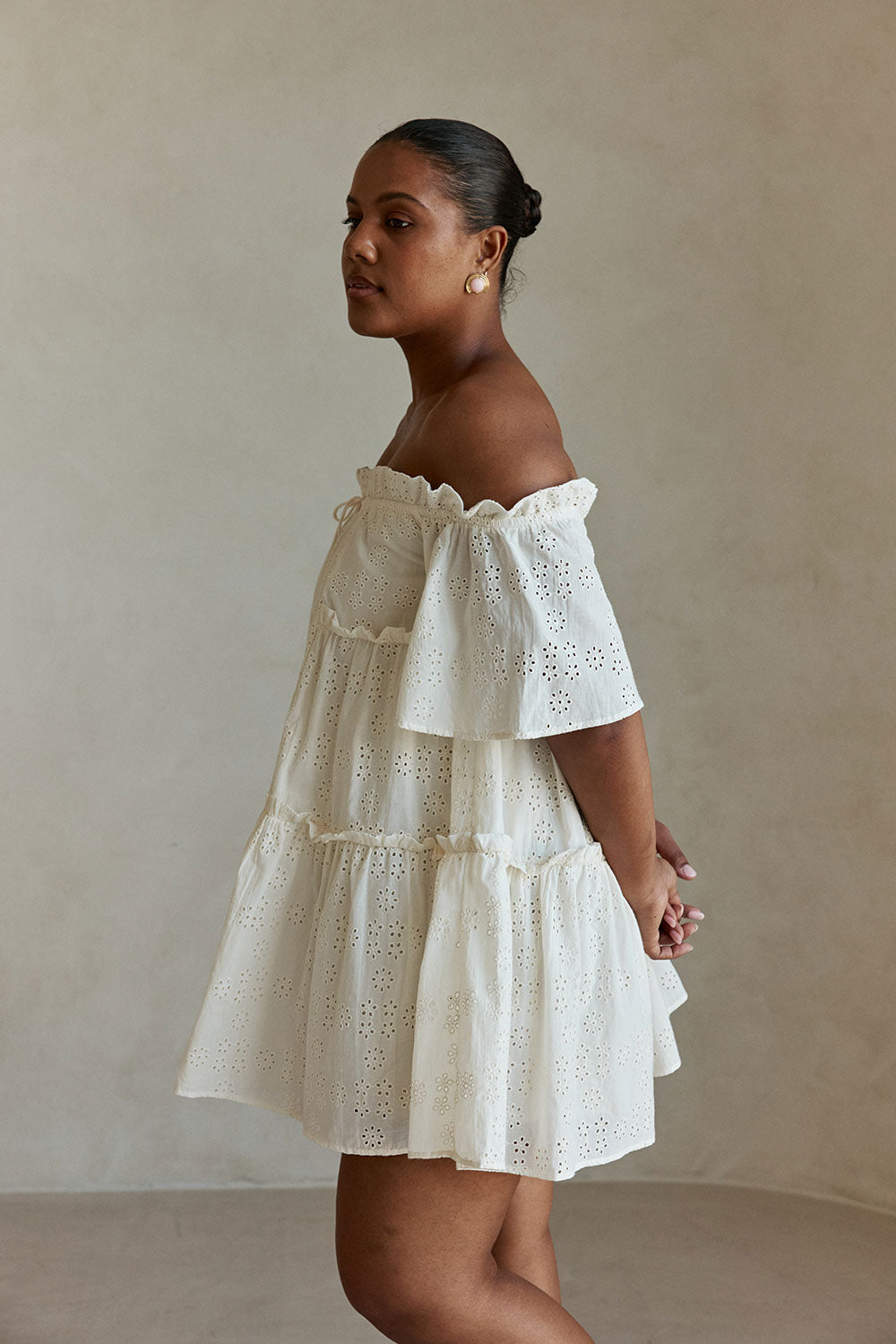 cream broderie dress self-portrait - Cream Broderie Collared Denim Mini Dress