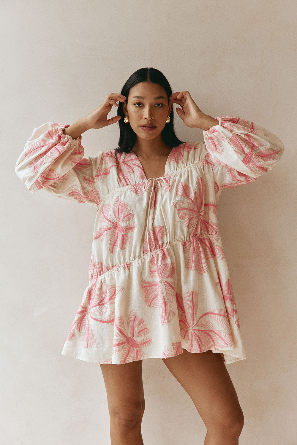 Pink Spring Floral Print Boxy Gathered Mini Naloo Dress – SABO