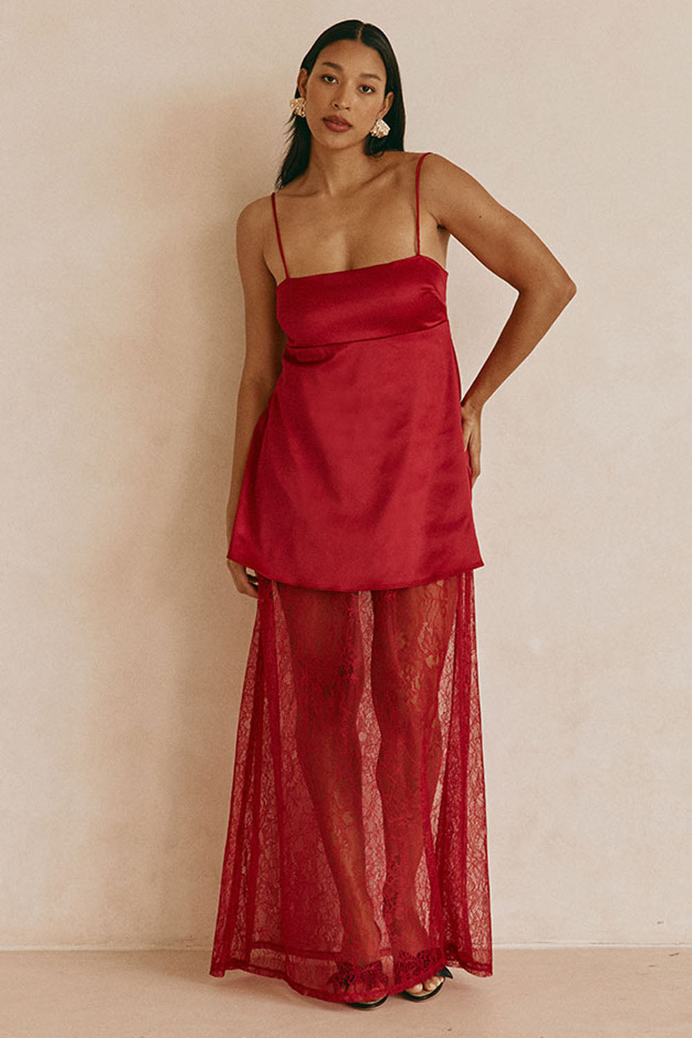 lace silk dress Red Silky Lace Strappy Maxi Dove Dress XL