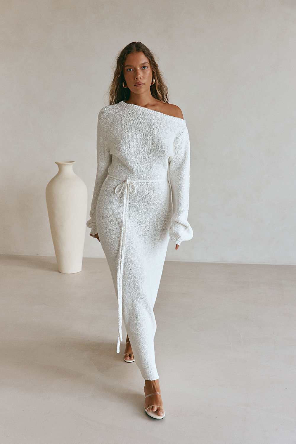 White Knit Long Sleeve Off Shoulder Maxi Kaiya Dress XL