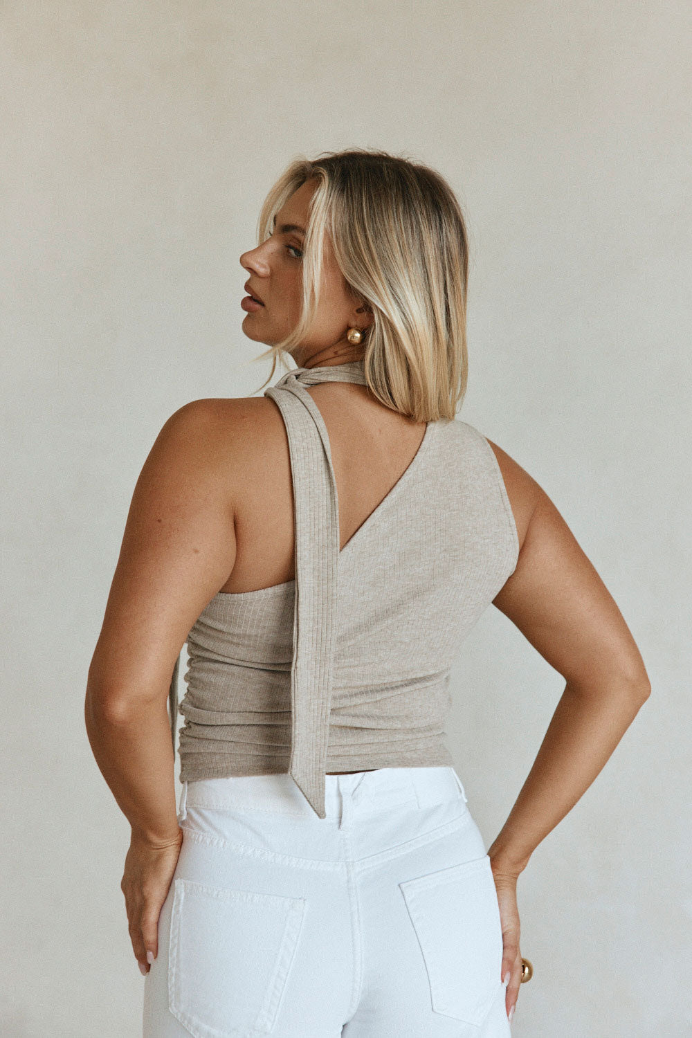Beige Ribbed Asymmetric Neck Tie Mourno Top – SABO