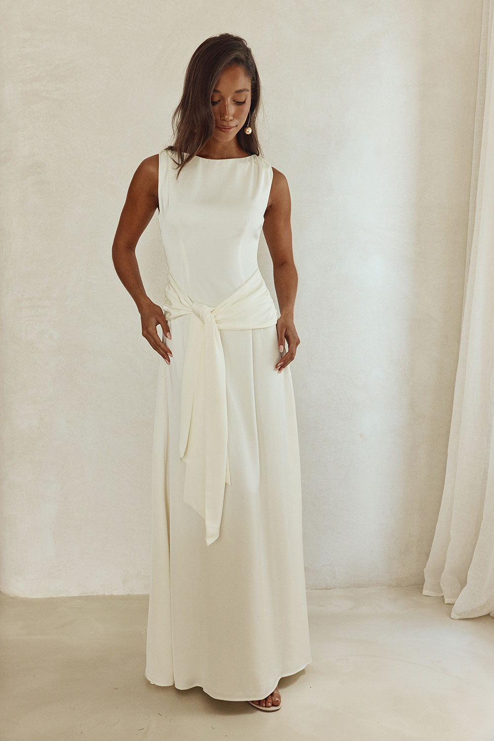 Bridal Ivory Silky Boat Neck Maxi Mylo Dress XS | by SABO Bridal Ivory Silky Boat Neck Maxi Mylo Dress XS | by SABO