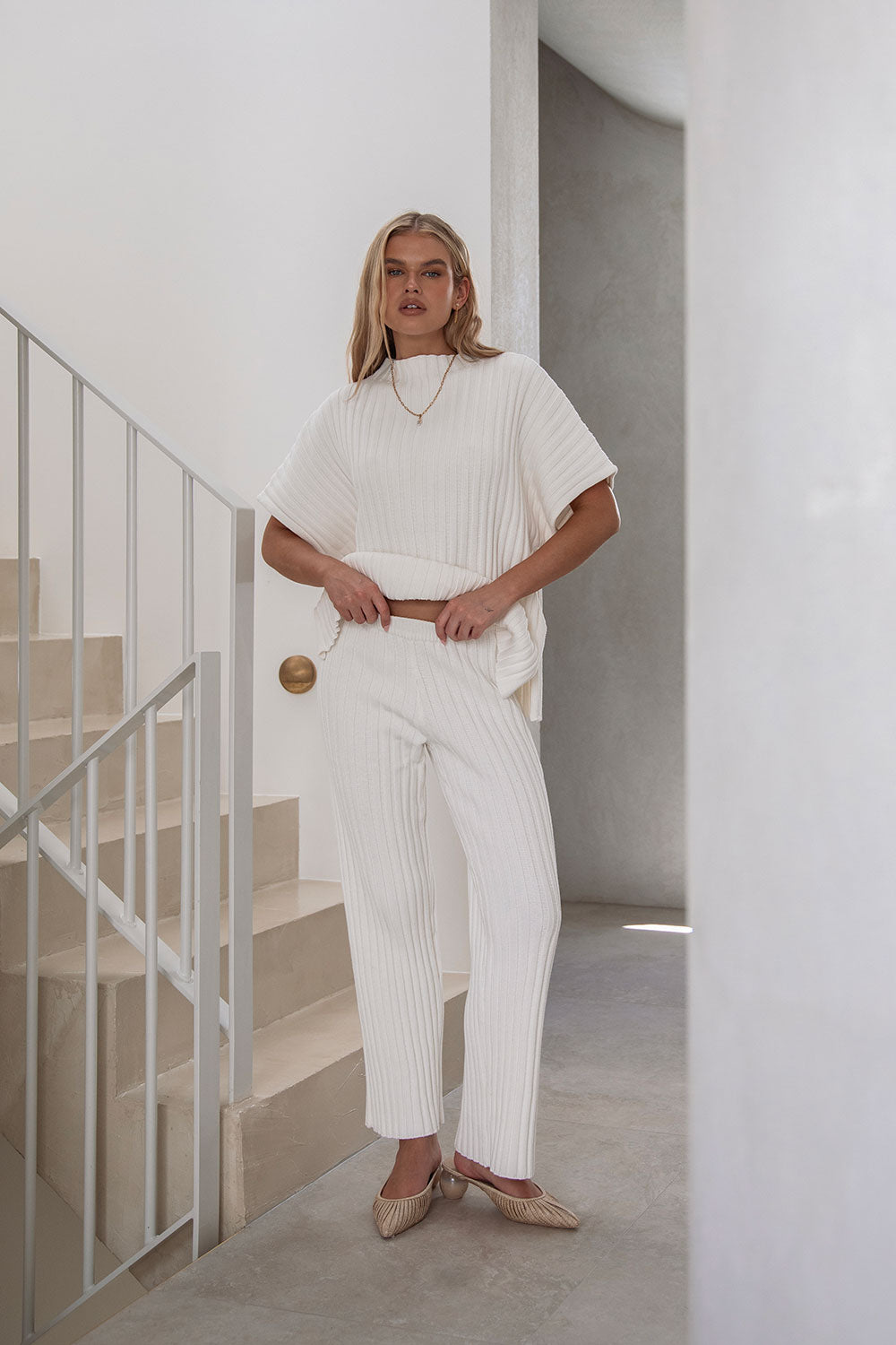White Ribbed Knit High Waist Elastic Celine Pants – SABO