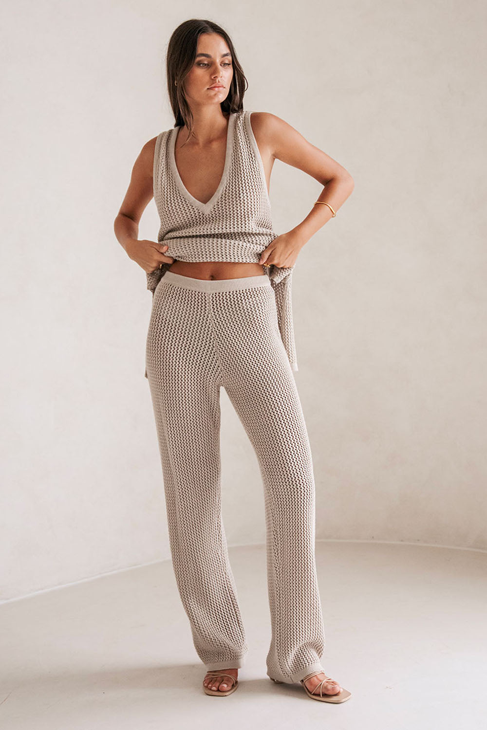 Beige Knit Elastic High Waist Ailish Pants – SABO