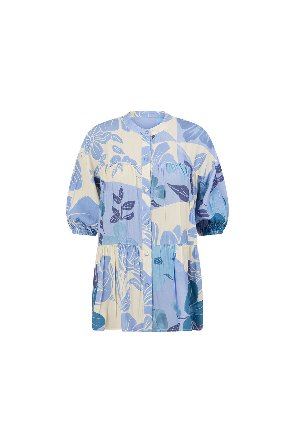 Blue Azure Bloom Print Button Up Puff Sleeve Lani Top – SABO