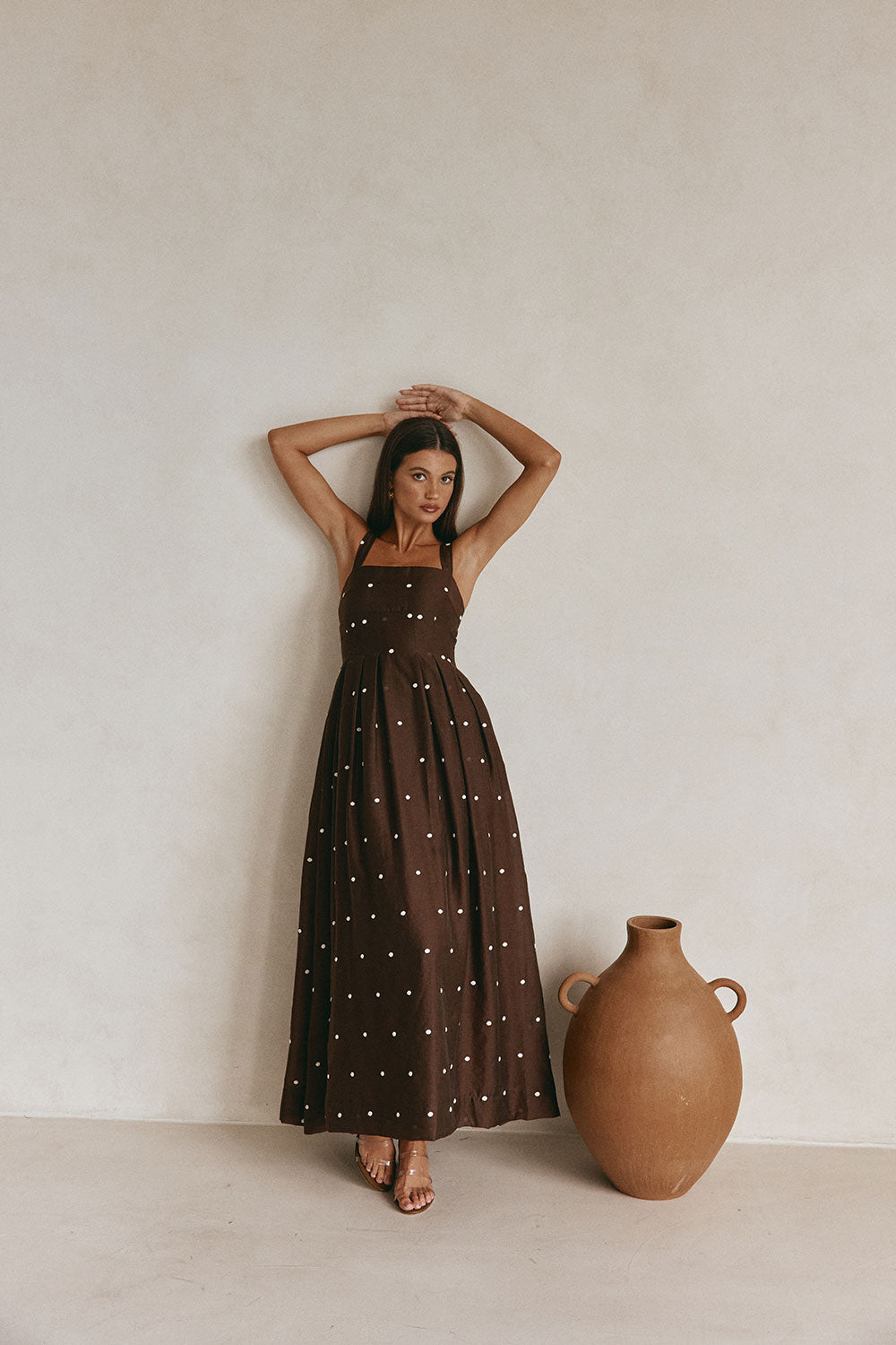 Chocolate Speck Polka Dot Pin Tuck Maxi Flores Dress – SABO