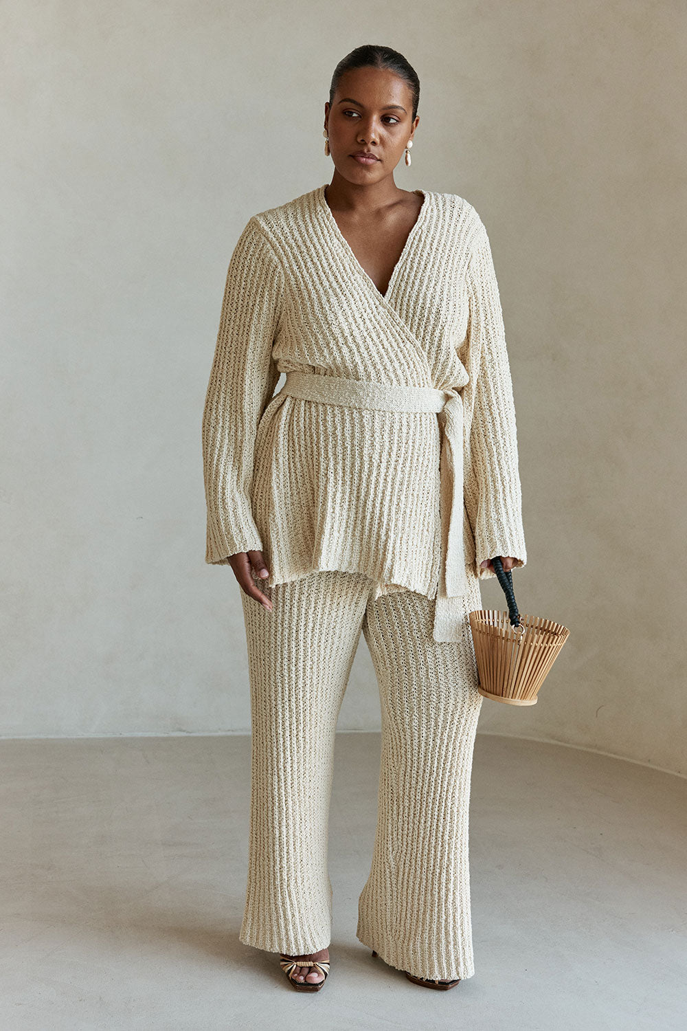 Cream Ribbed Knit Long Sleeve Wrap Noble Cardigan – SABO