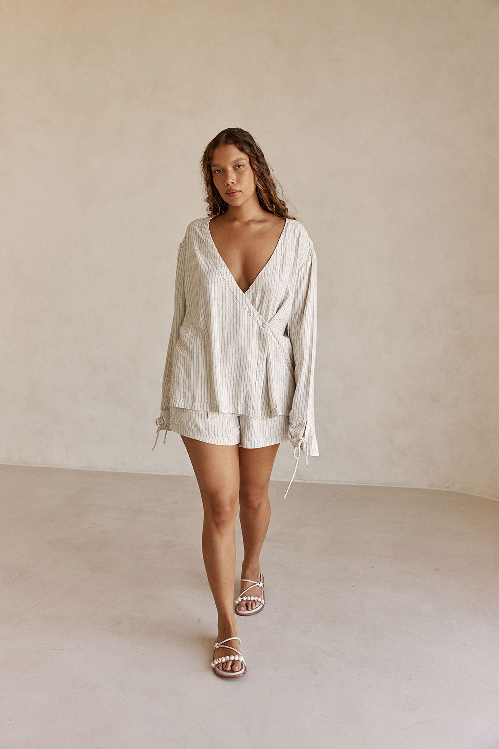 Beige and Black Pinstripe Lyla Wrap Top – SABO