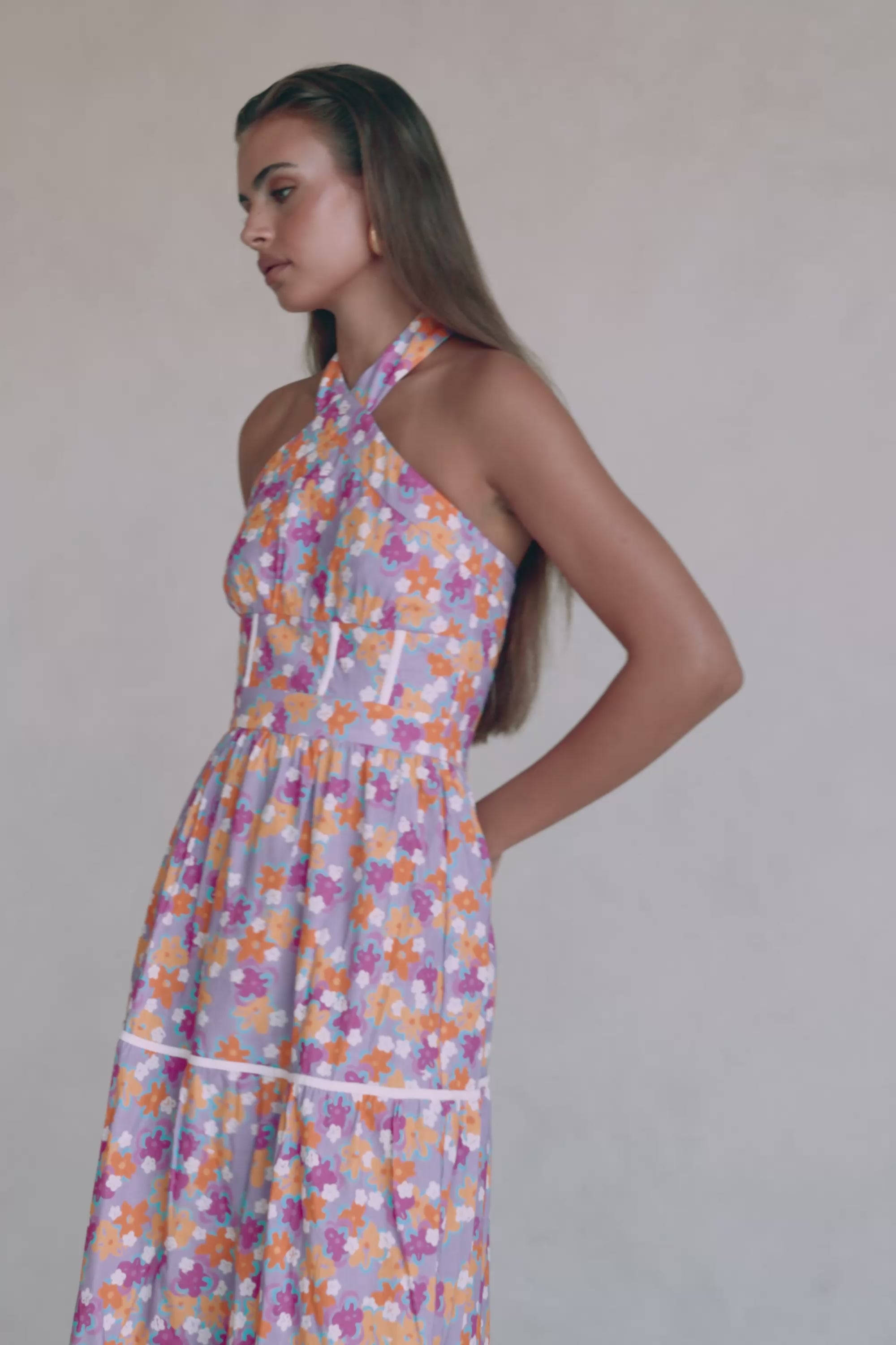 True Halterneck Maxi Dress - Dulcie Daisy Purple Orange Pink