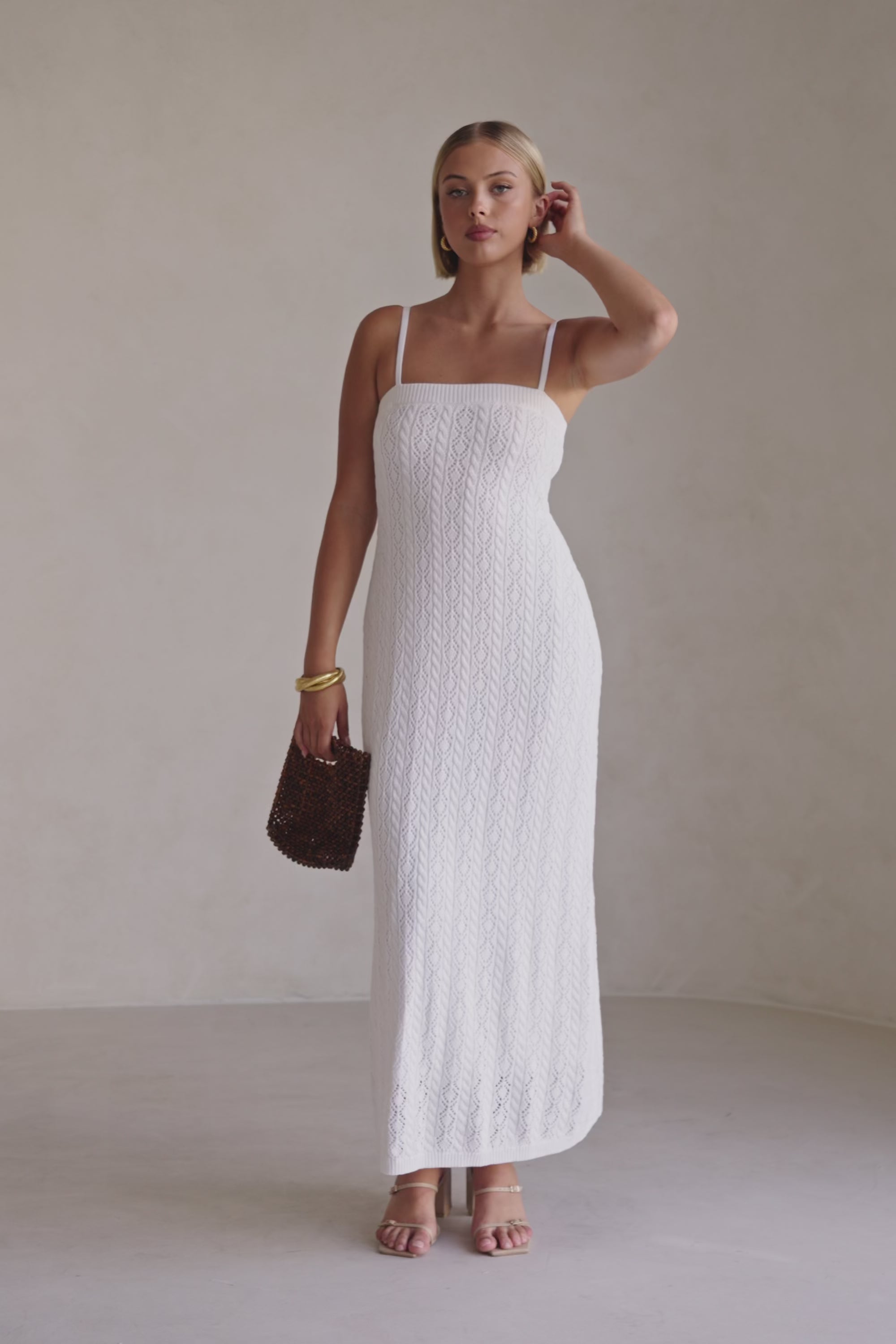 White Crochet Knit Strappy Maxi Trieste Dress – SABO