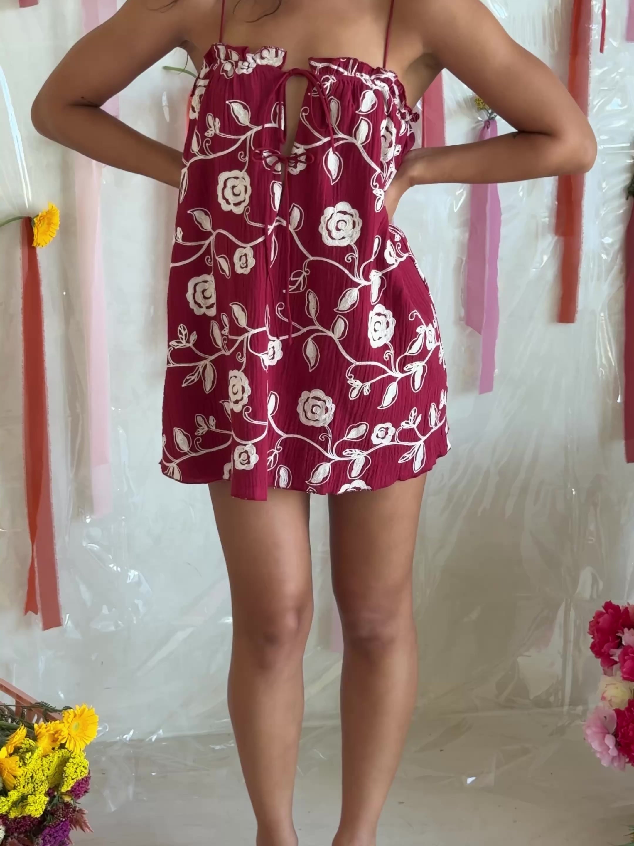 Red Embroidered Dahlia Print Babydoll Mini Evelia Dress – SABO