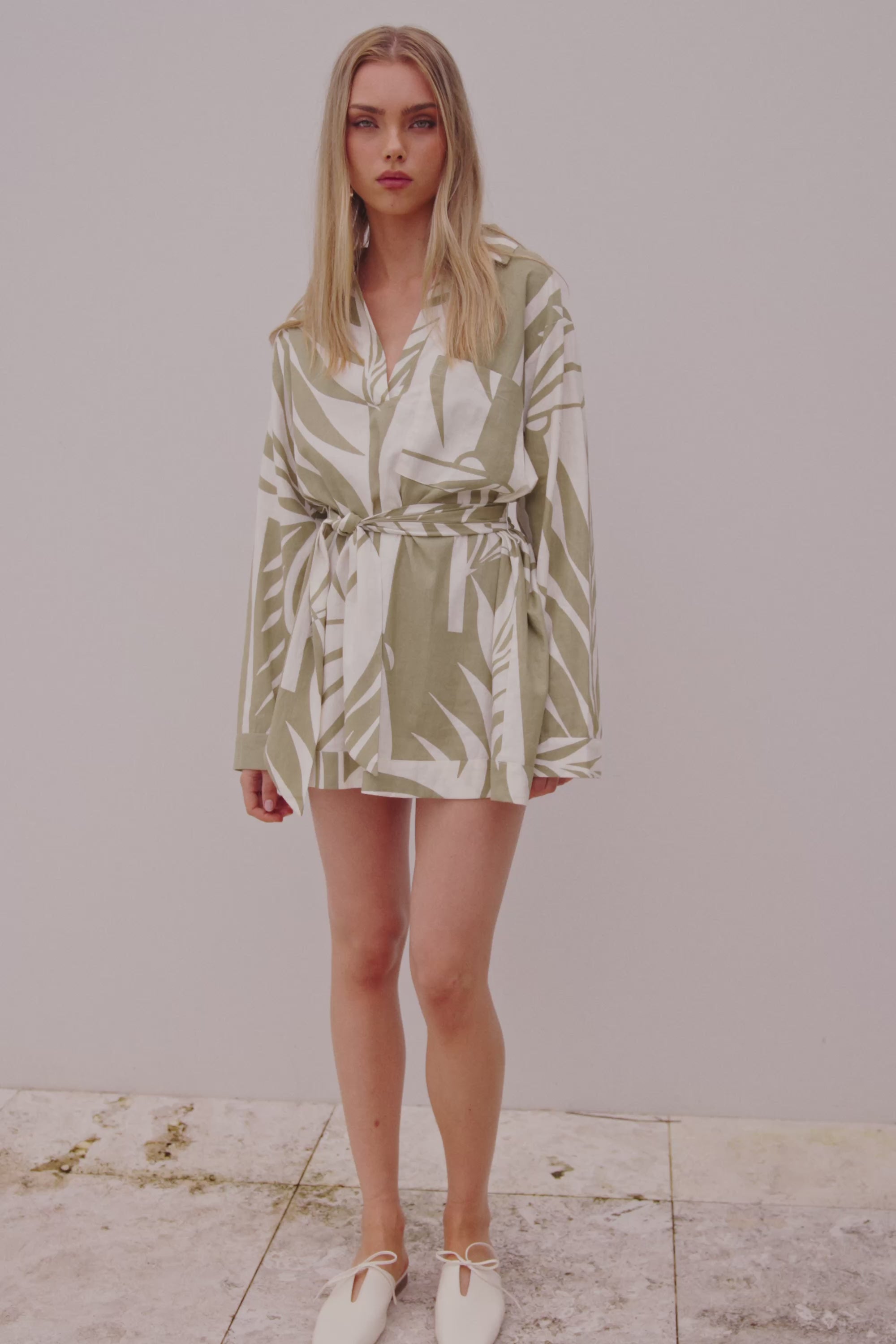 Palm Green Long Sleeve Mini Shirt Adele Dress – SABO