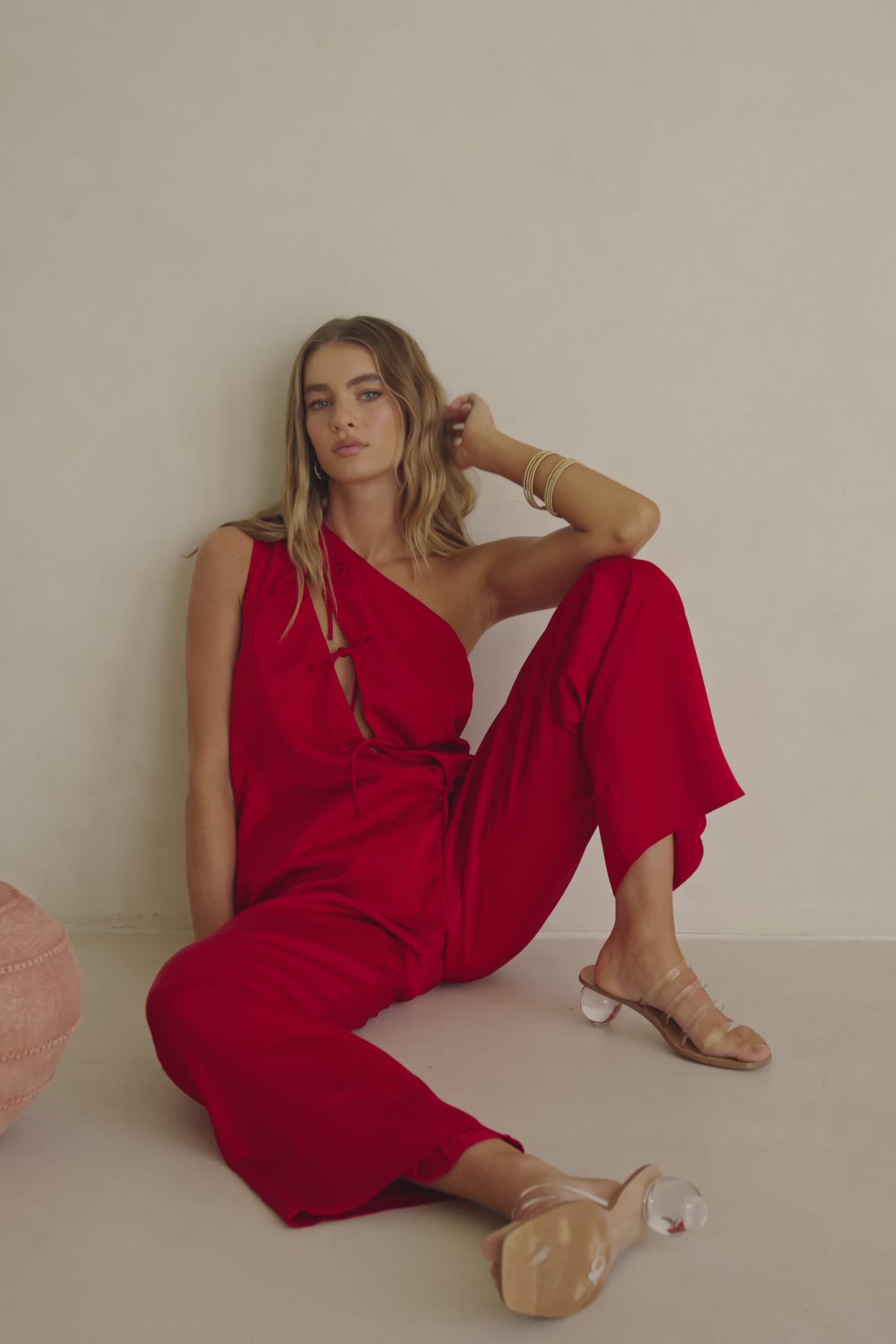 Red Backless One-Shoulder Front Tie Natalie Jumpsuit – SABO