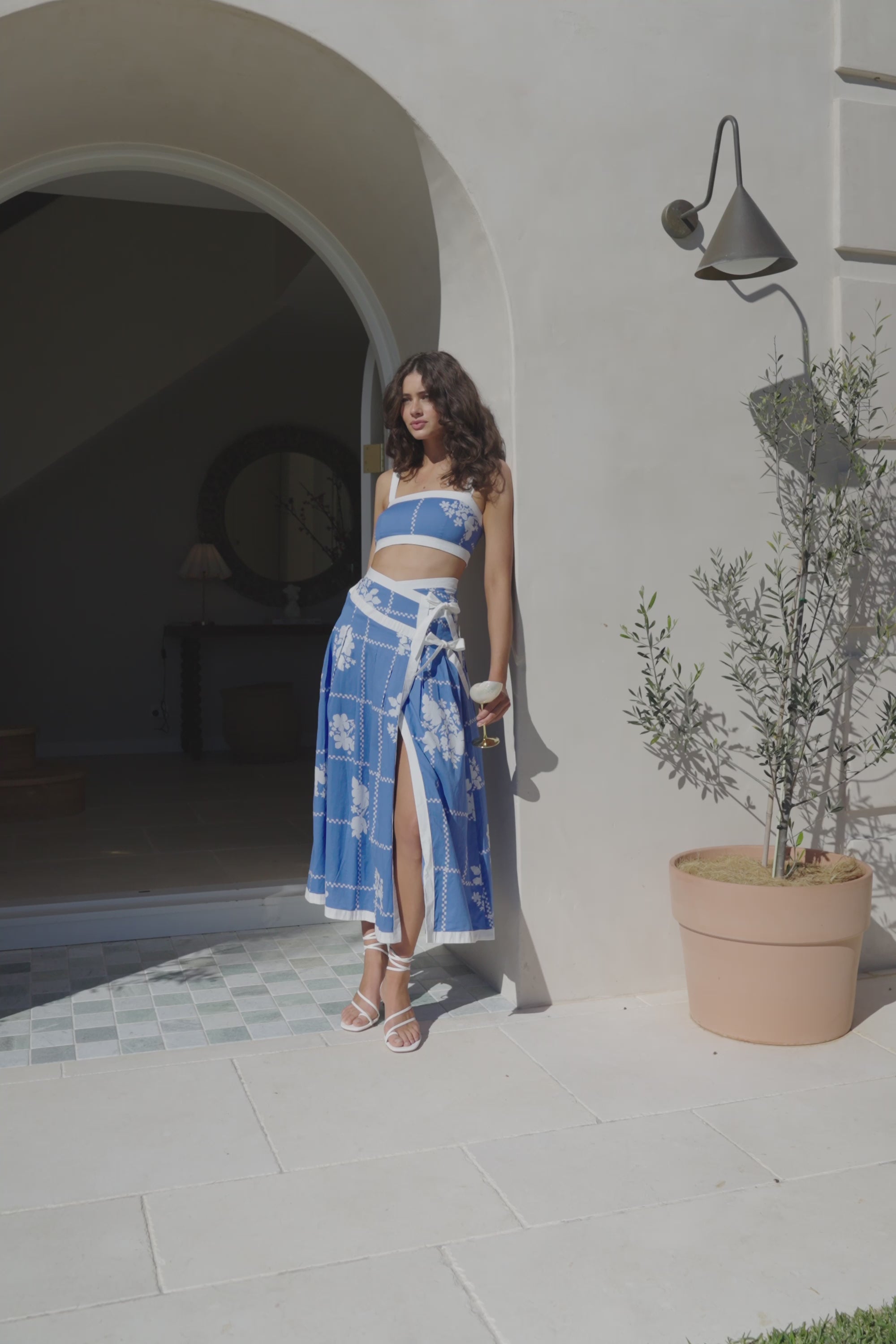 Estelle Split Wrap Midi Skirt - Postcard, Blue & White Check