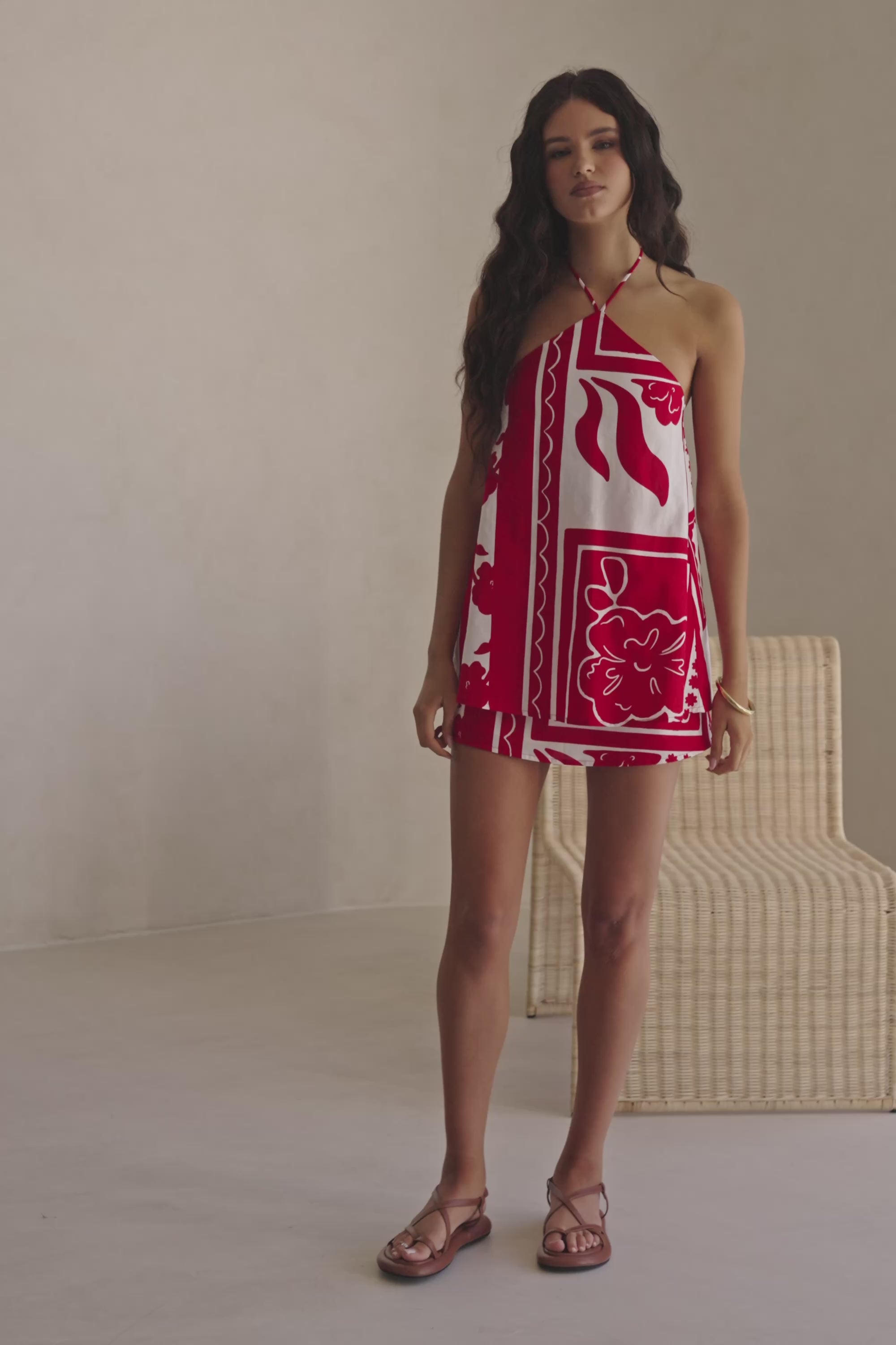 Red Voyage Print Halter A Line Mini Tasmin Dress – SABO