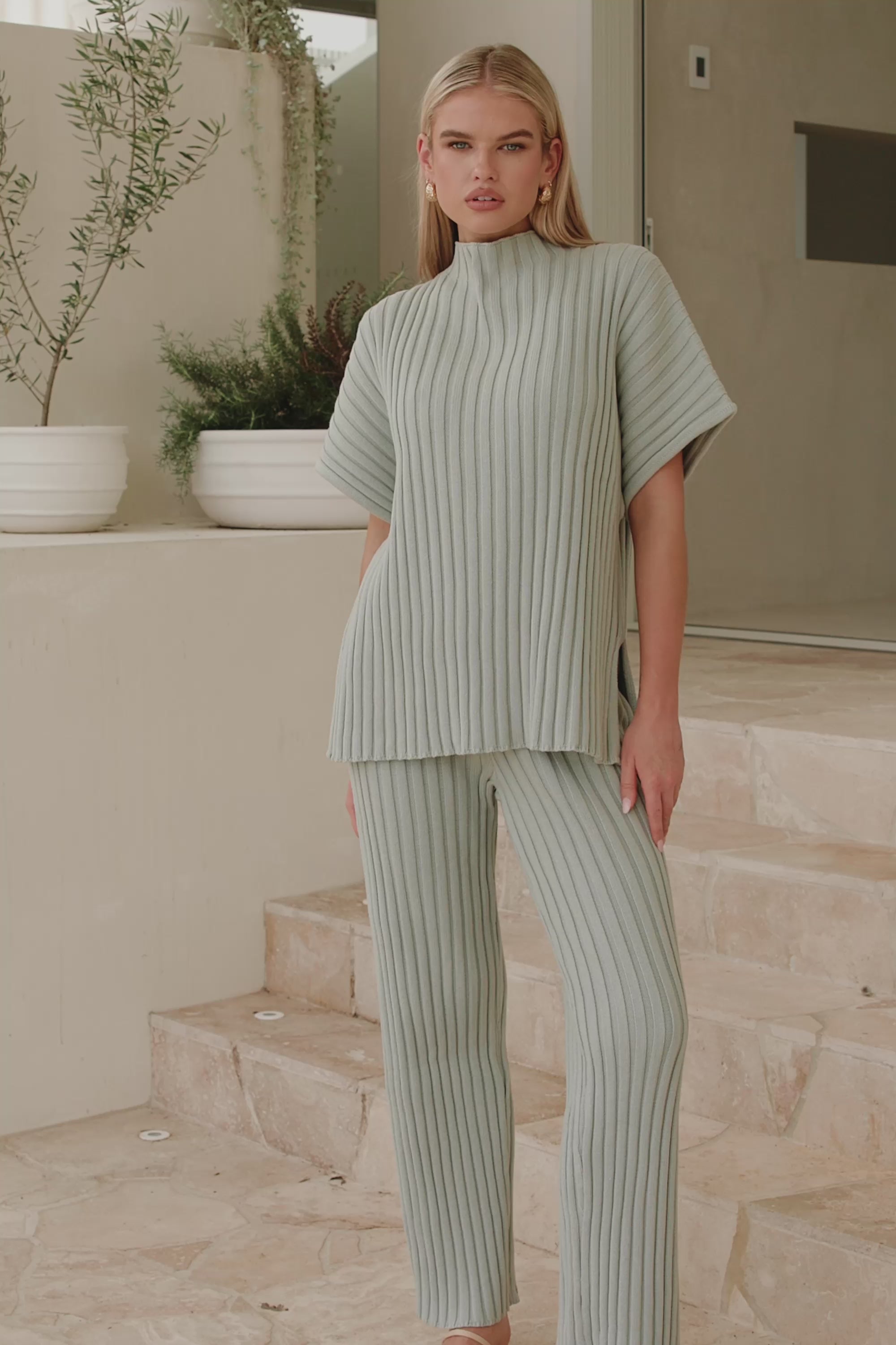 Grey Ribbed Knit High Waist Elastic Celine Pants – SABO