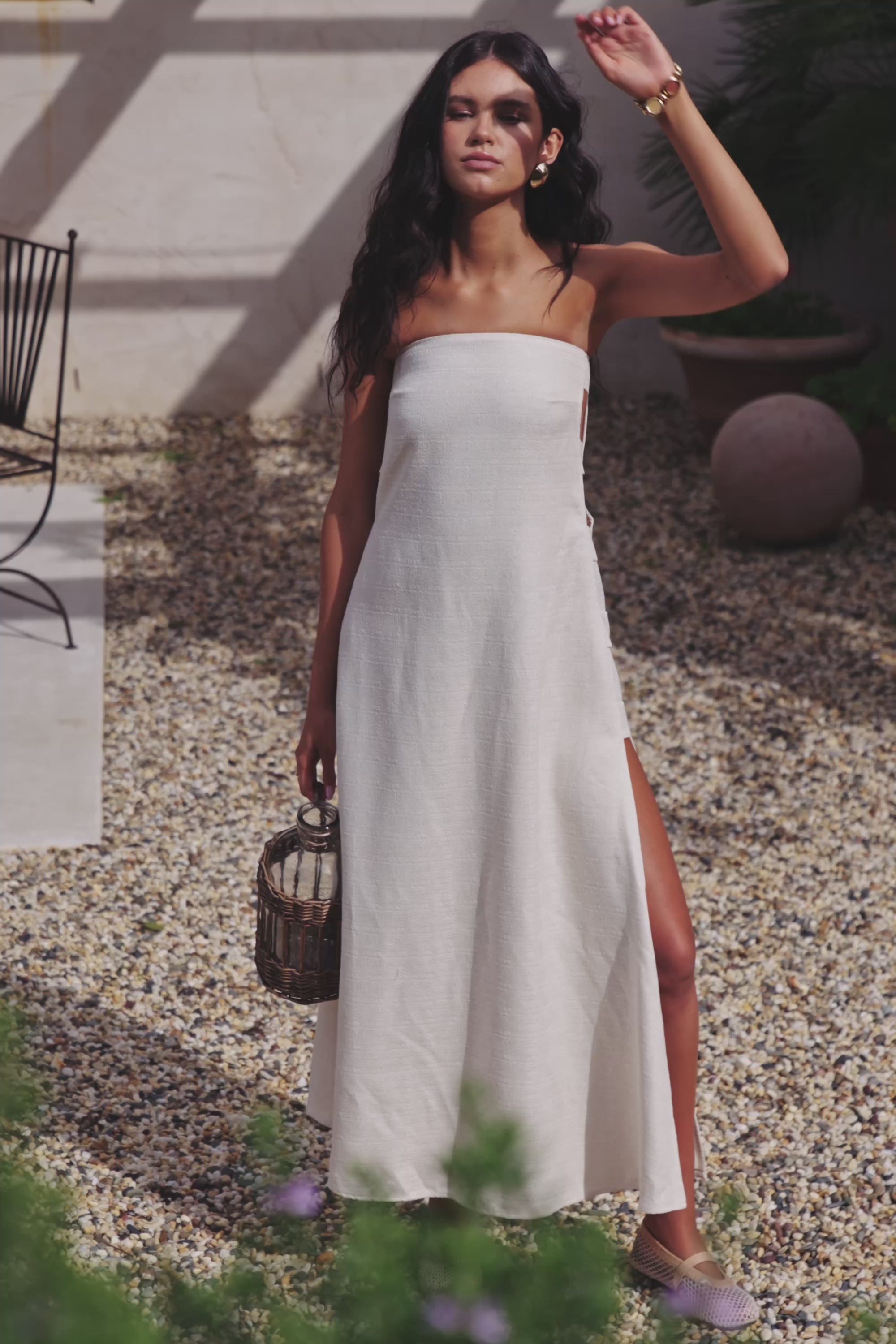 Beige Strapless Cut Out Side Split Maxi Belen Dress – SABO