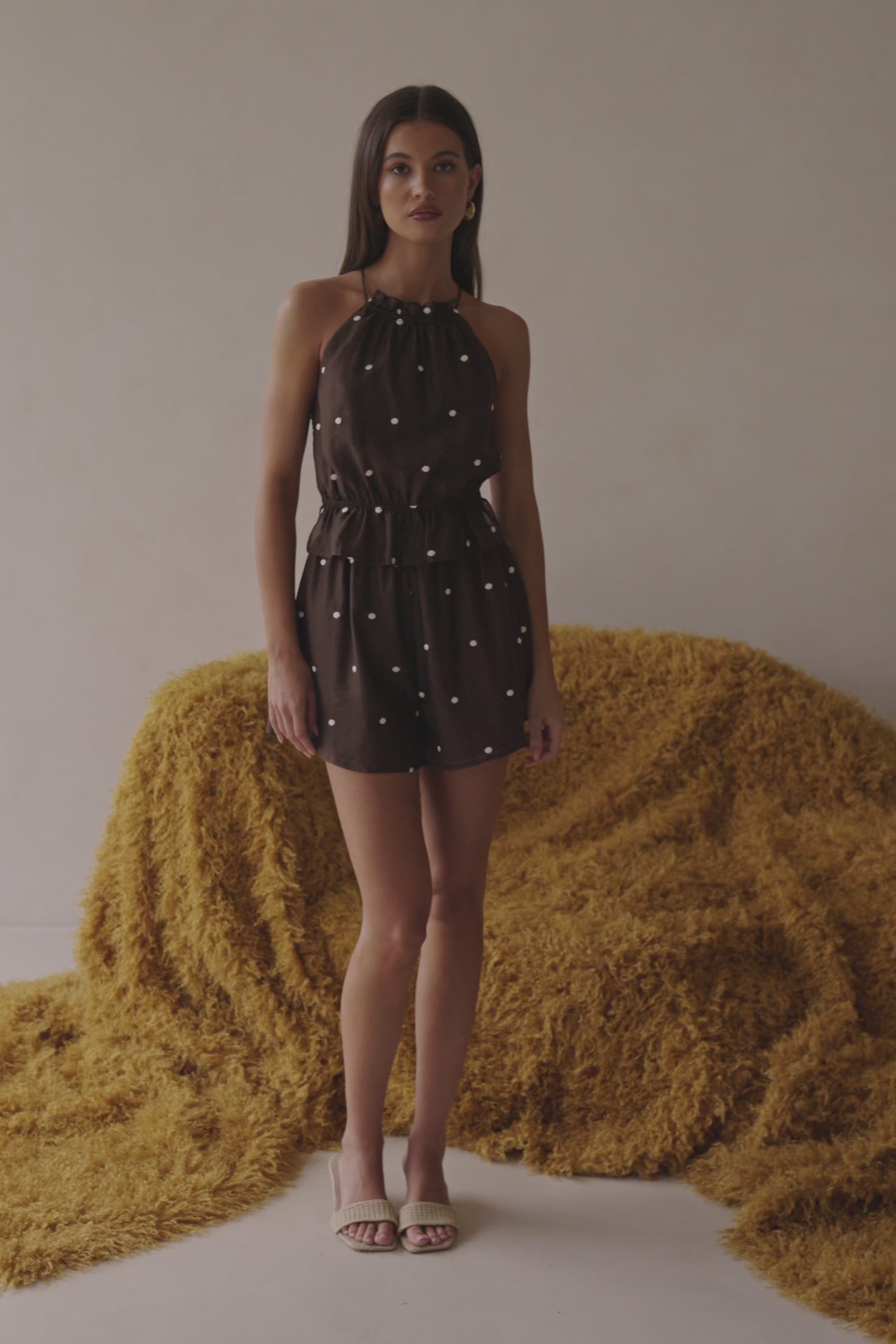 Chocolate Speck Polka Dot Halter Backless Adira Playsuit – SABO