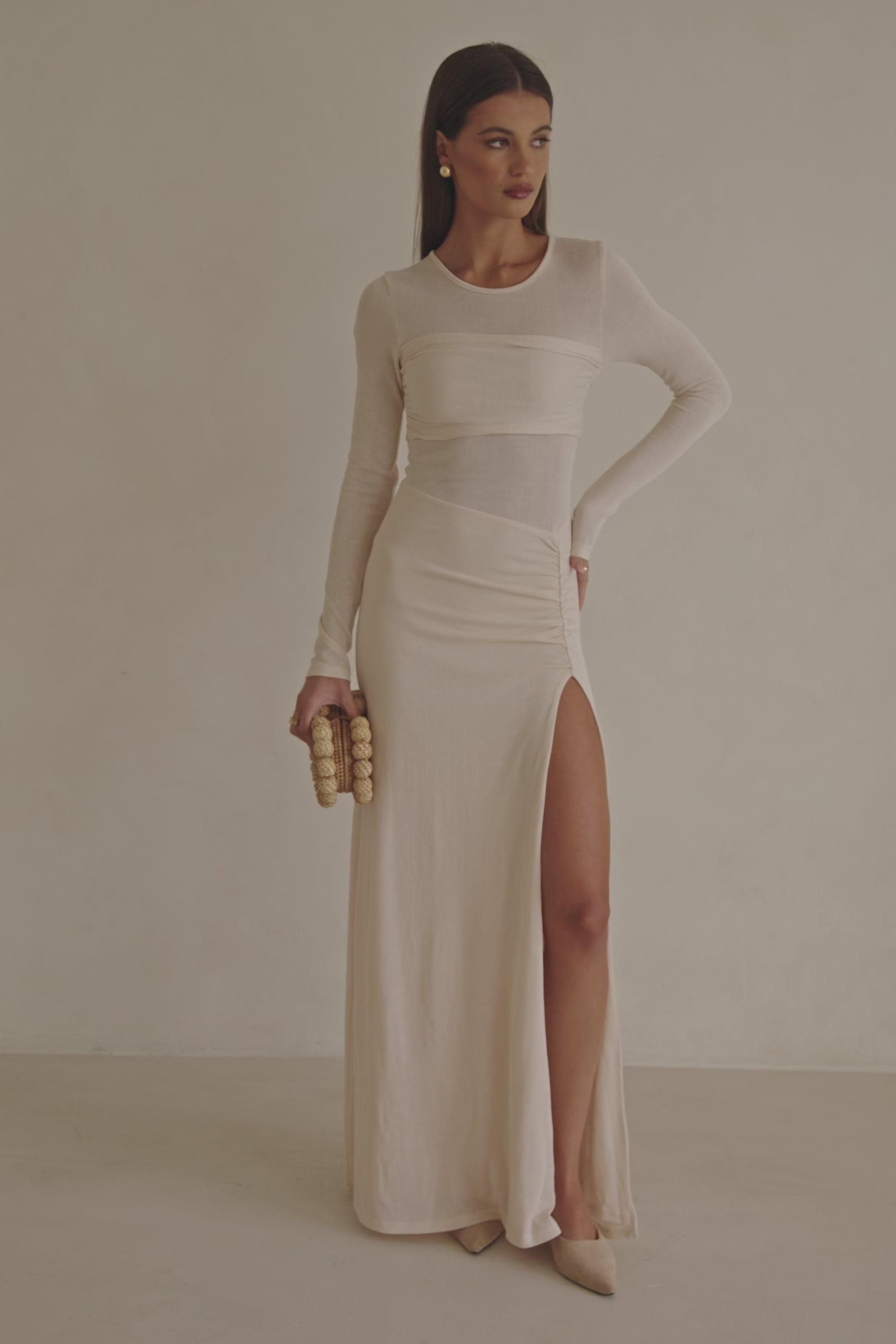 Beige Long Sleeve Slit Maxi Kay Dress – SABO