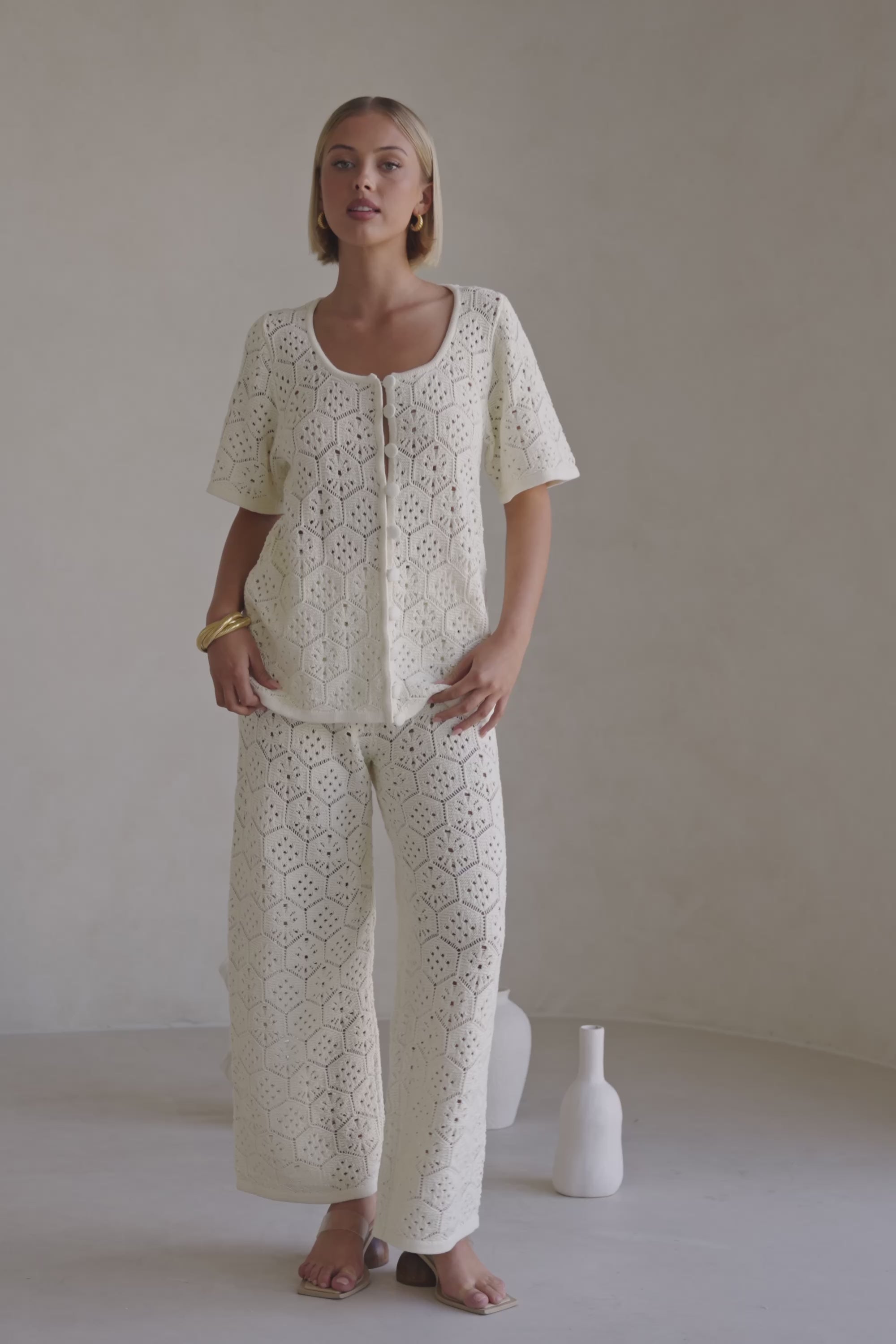 Cream Crochet Knit High Waist Umiko Pants – SABO
