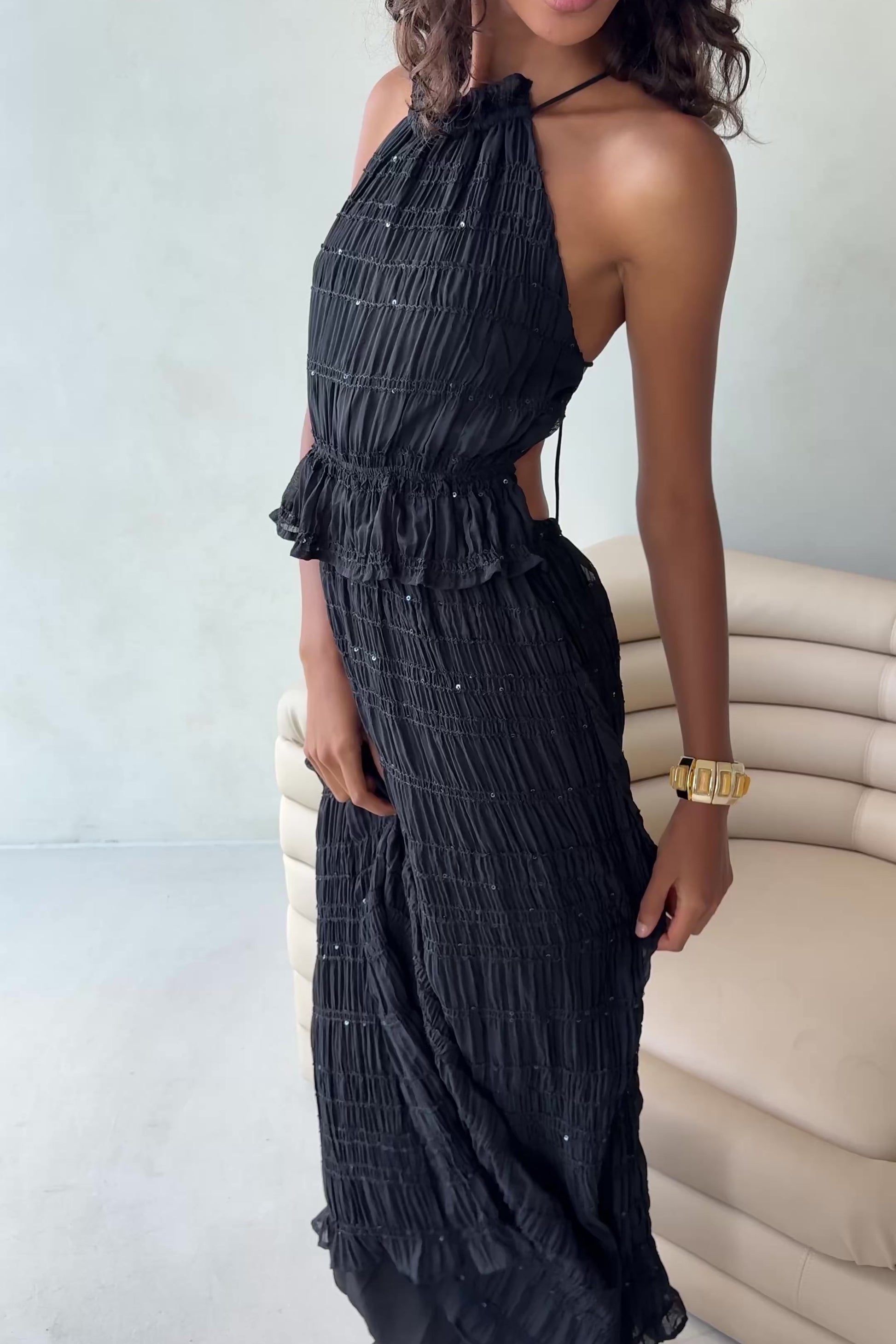 long black dress halter neck x REVOLVE Illegal Gown 97% polyester Black Gathered Halter Backless Maxi